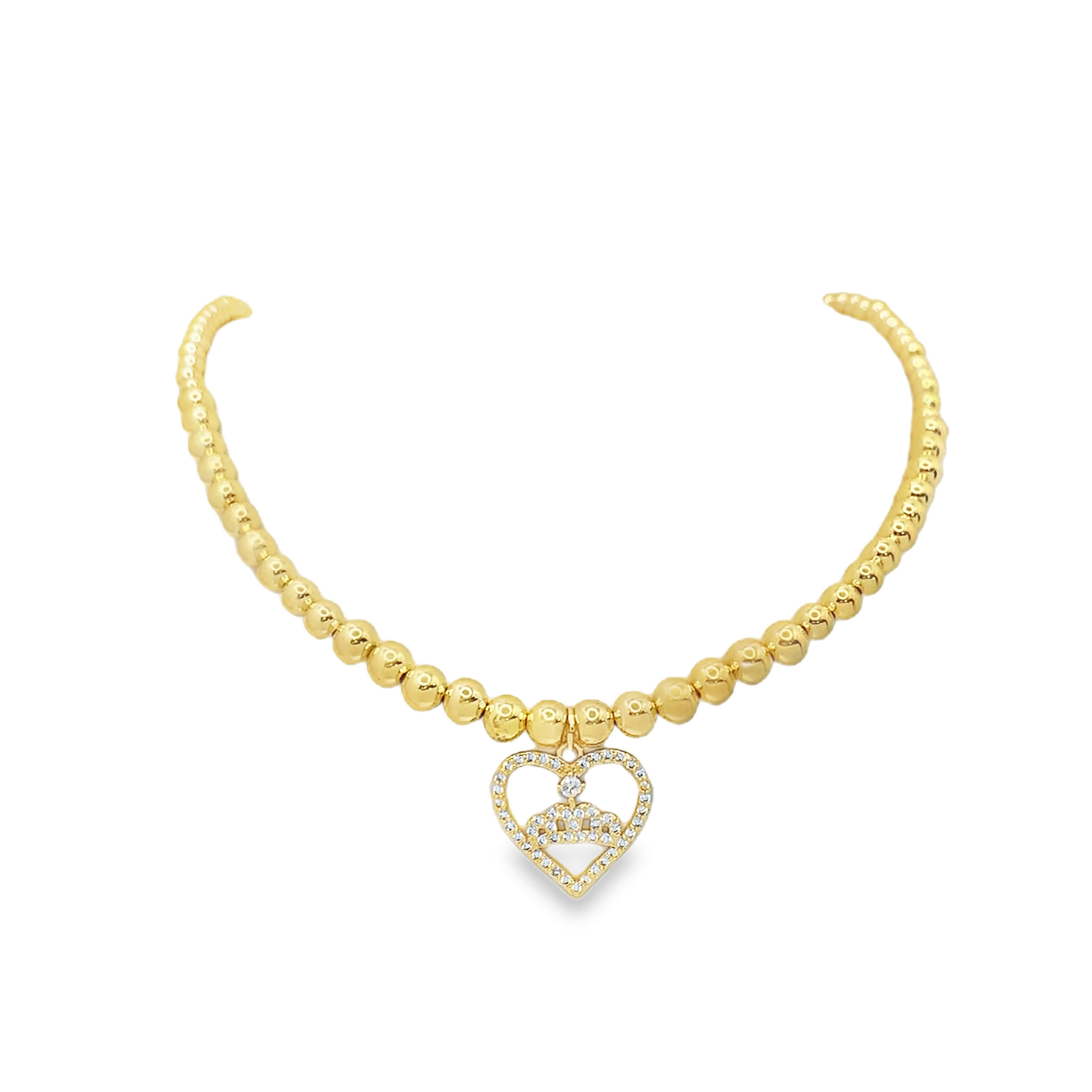 Yellow Gold Beaded Necklace with Round Cut Diamond Pendant