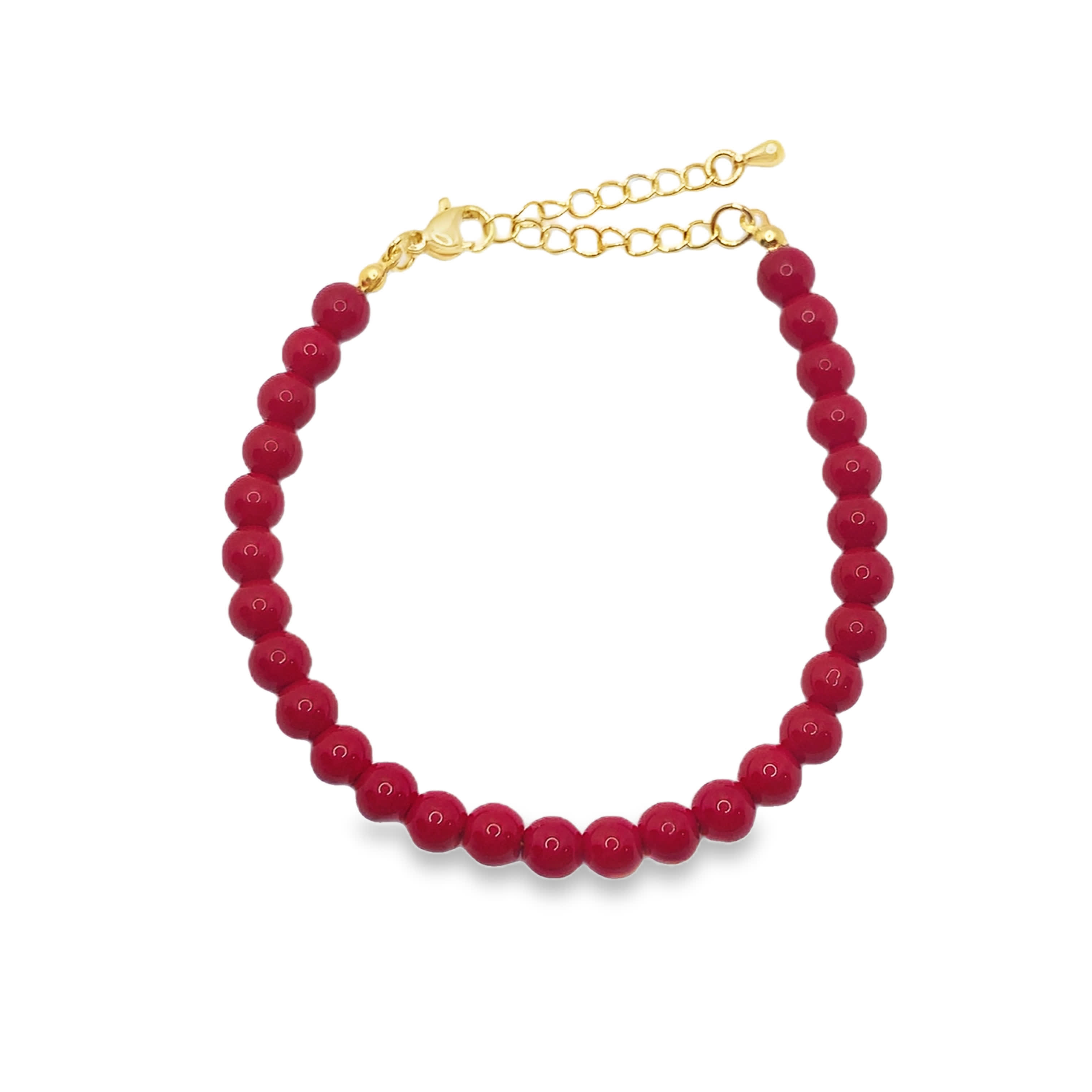 Yellow Gold Beaded Bracelet with Round Cabochon-Cut Coral