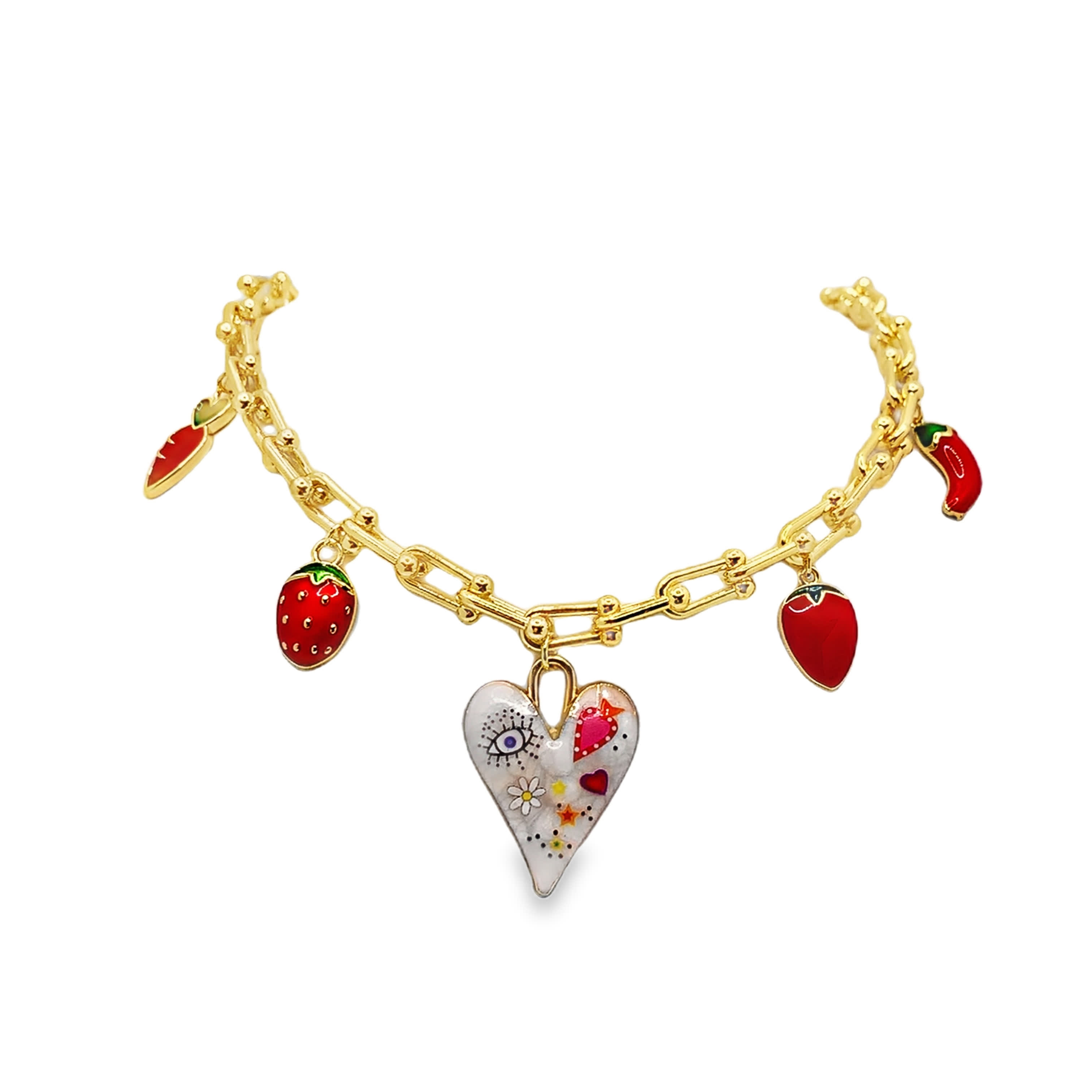 Uroczy naszyjnik z zawieszkami z metalu z truskawką i sercem