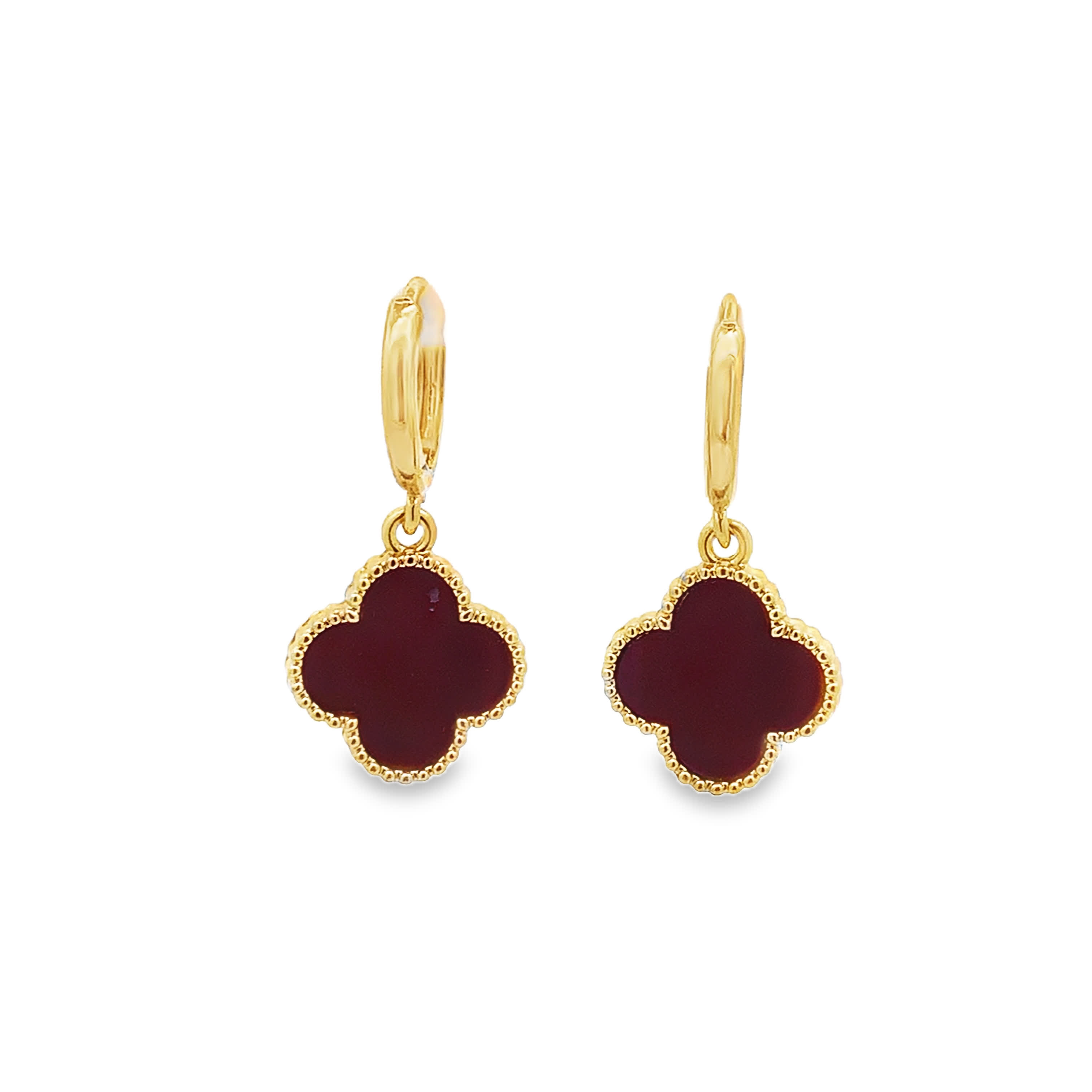 Yellow Gold Dangle Earrings with Dark Red Agate Cabochons