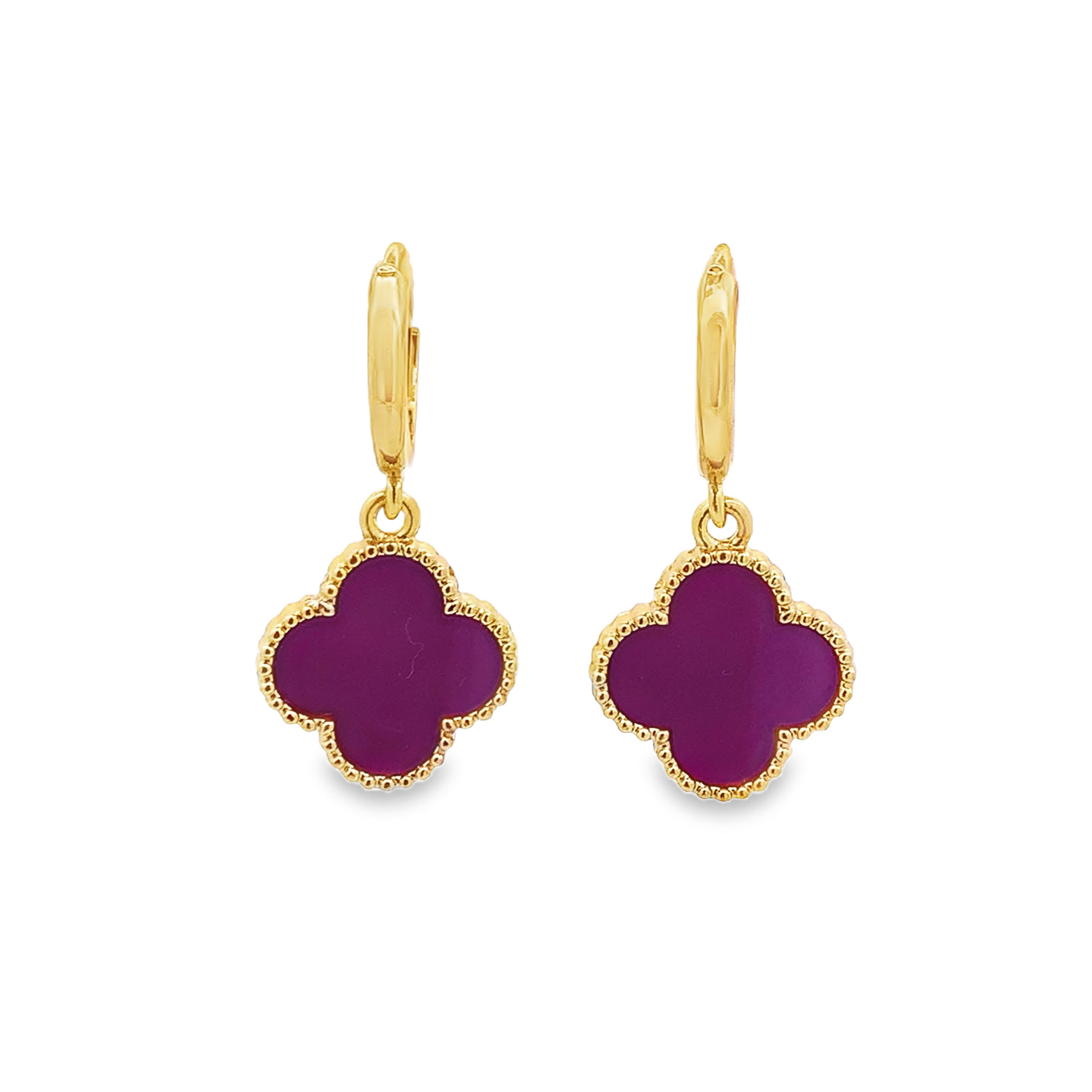 Yellow Gold Dangle Earrings with Clover-Shaped Amethyst