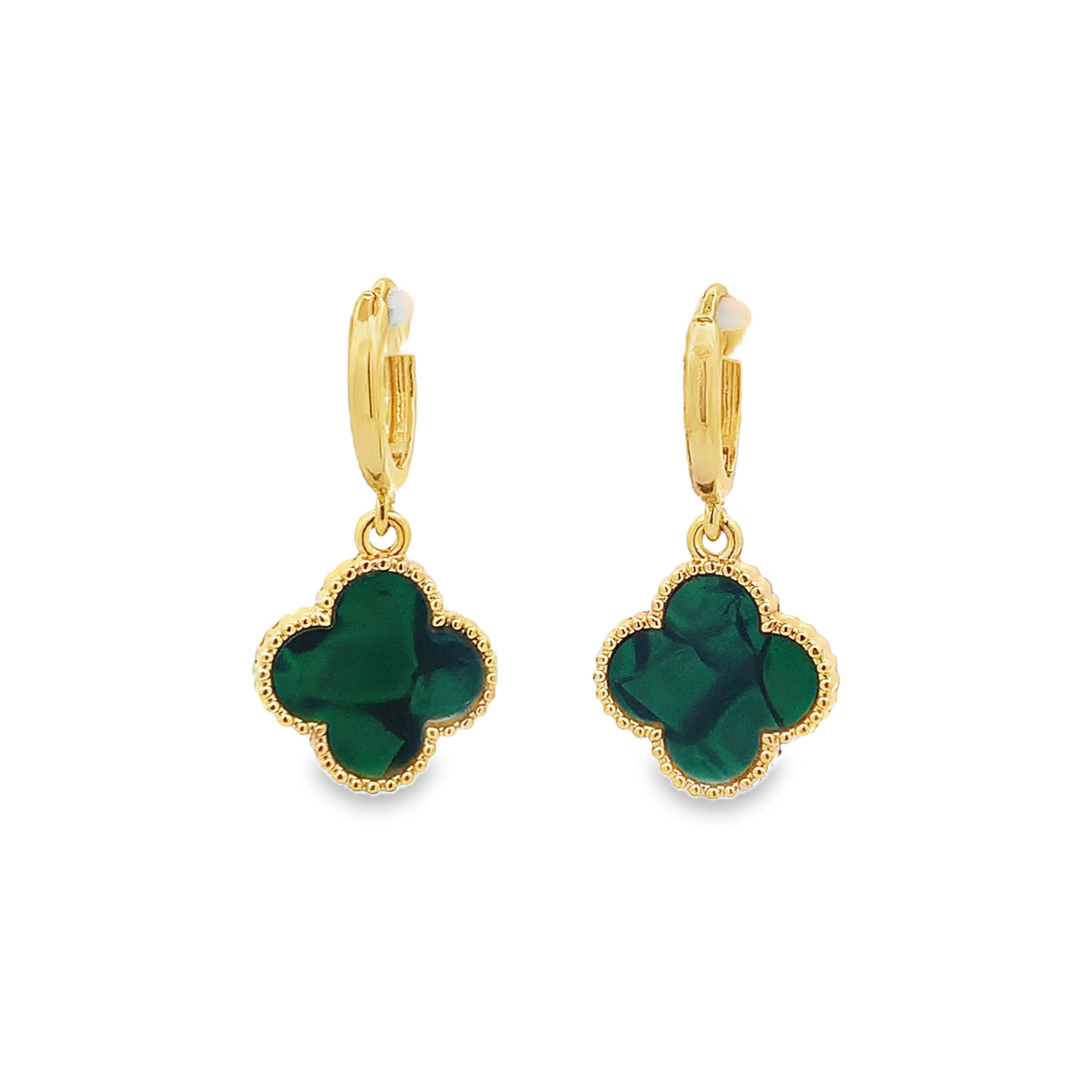 Yellow Gold Dangle Earrings with Round Malachite Cabochons