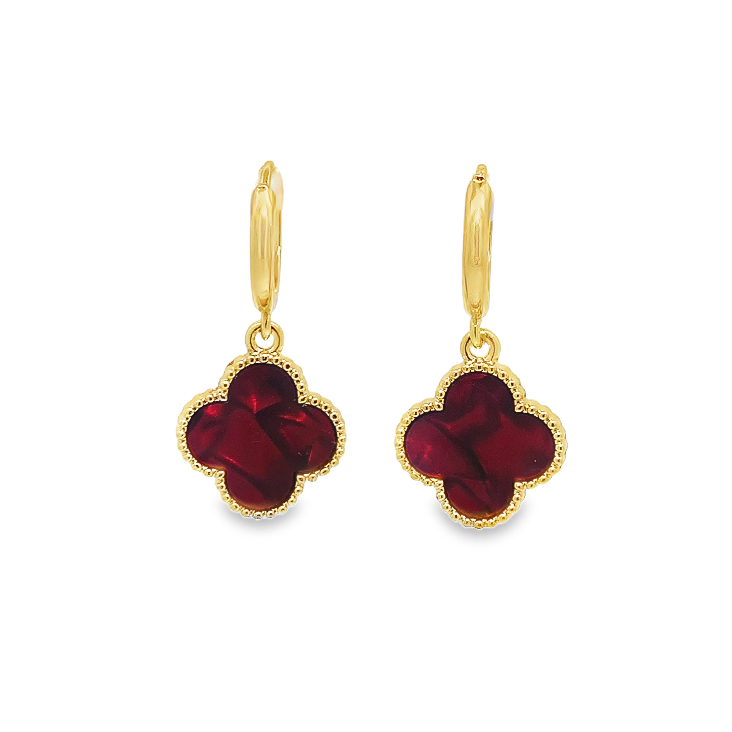 Yellow Gold Hoop Earrings with Clover-Shaped Ruby Accents
