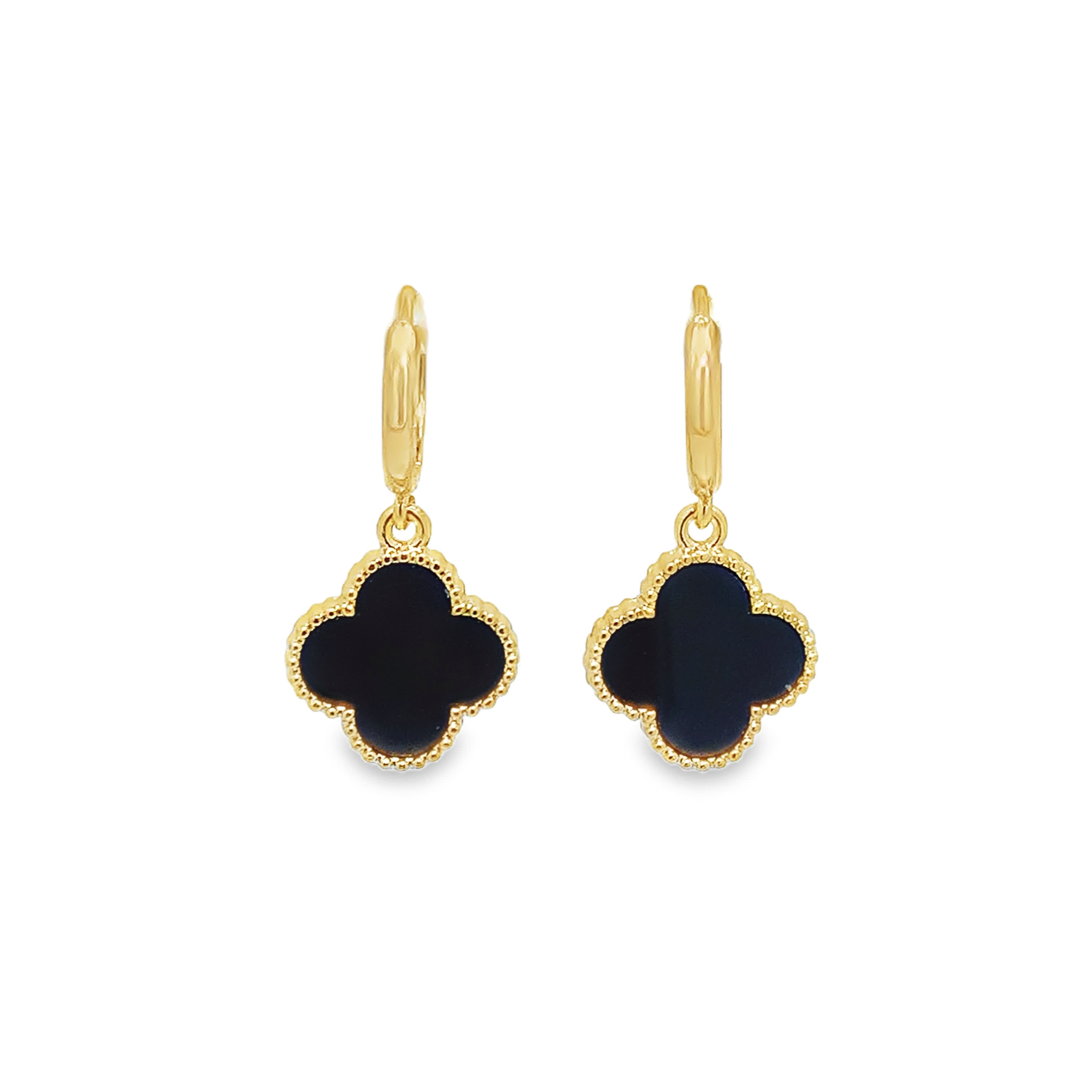 Yellow Gold Dangle Earrings with Clover Onyx