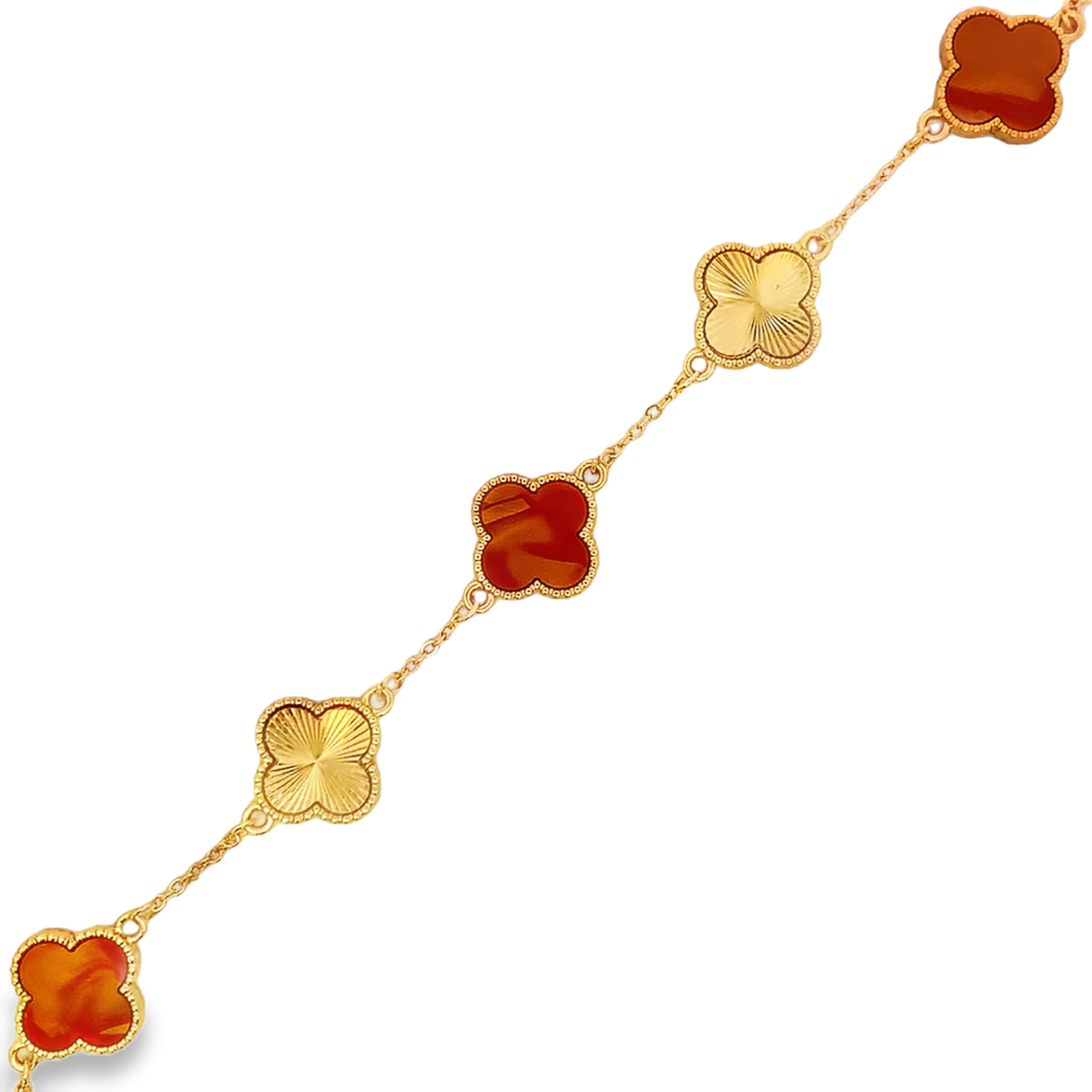 Yellow Gold Chain Bracelet with Reddish Orange Agate Clovers