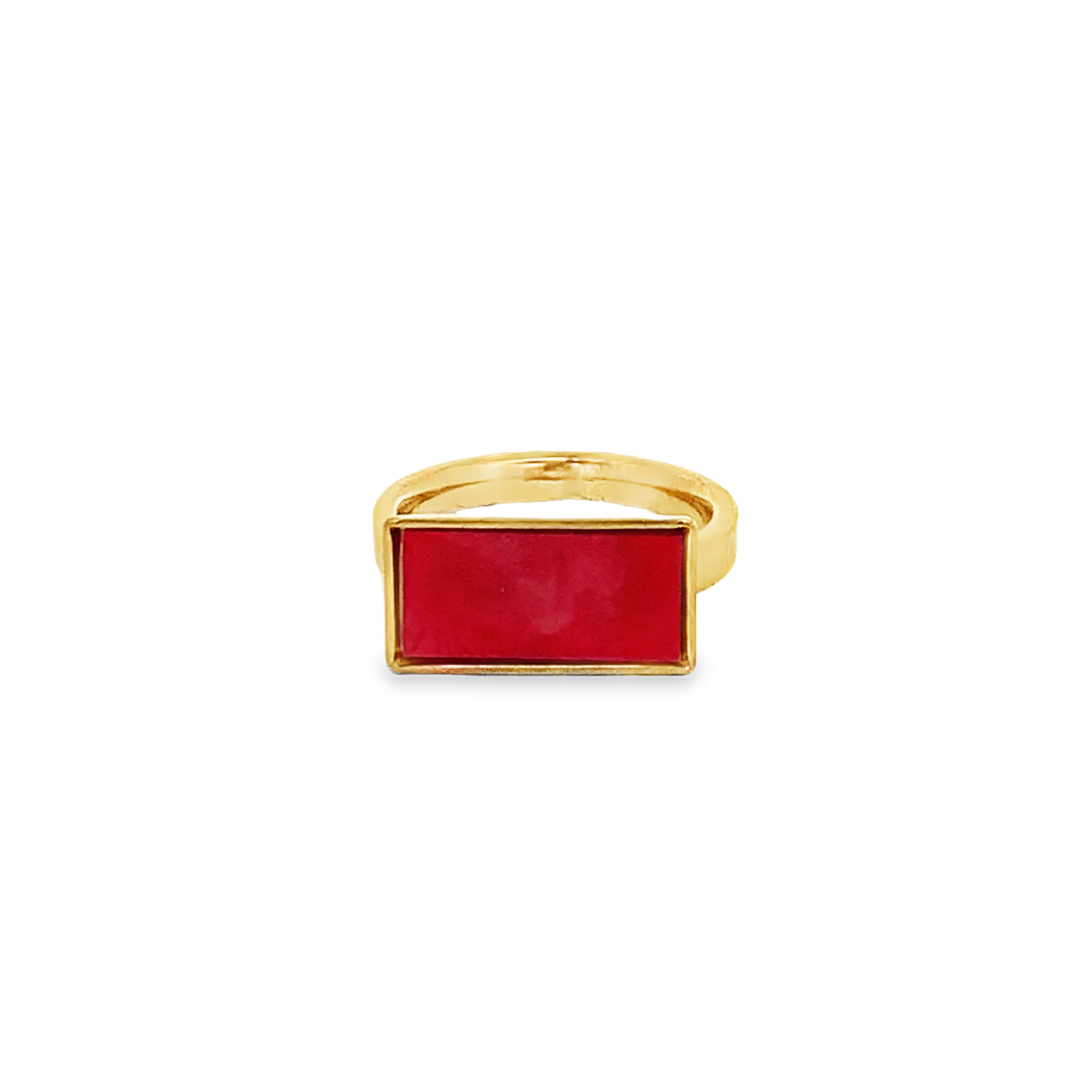 Yellow Gold Signet Ring with Rectangular Cabochon Coral