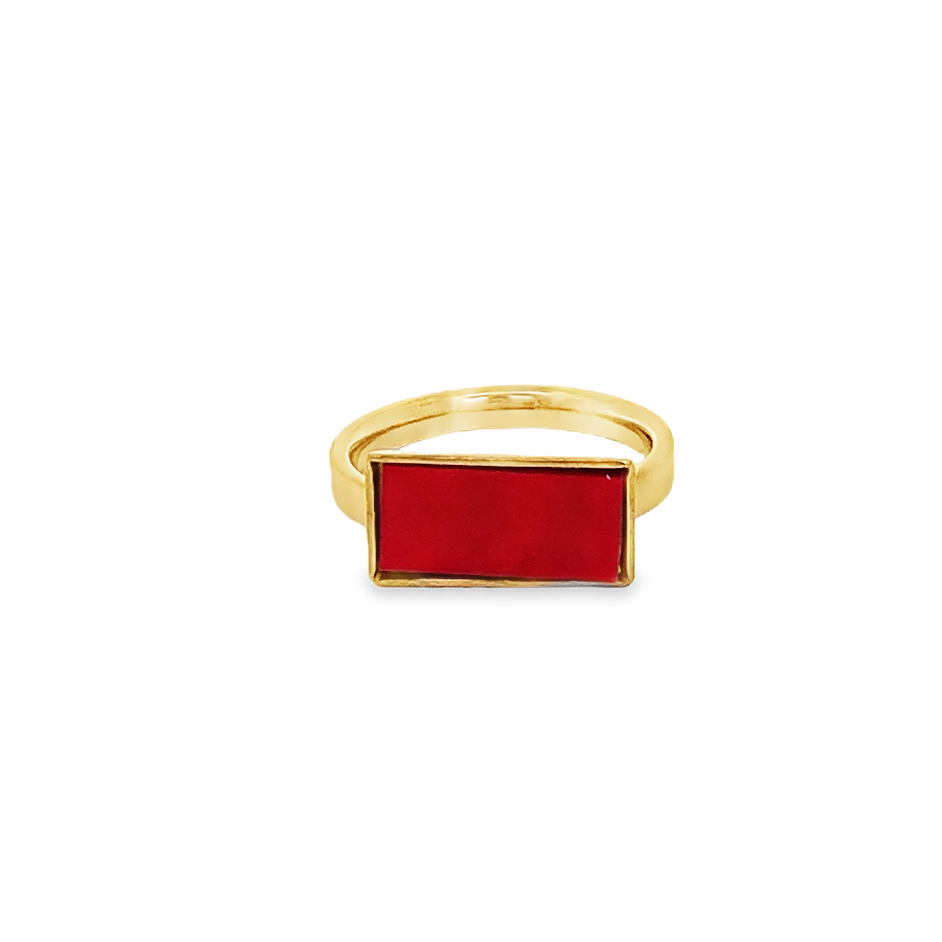 Yellow Gold Signet Ring with Emerald Cut Coral Cabochon