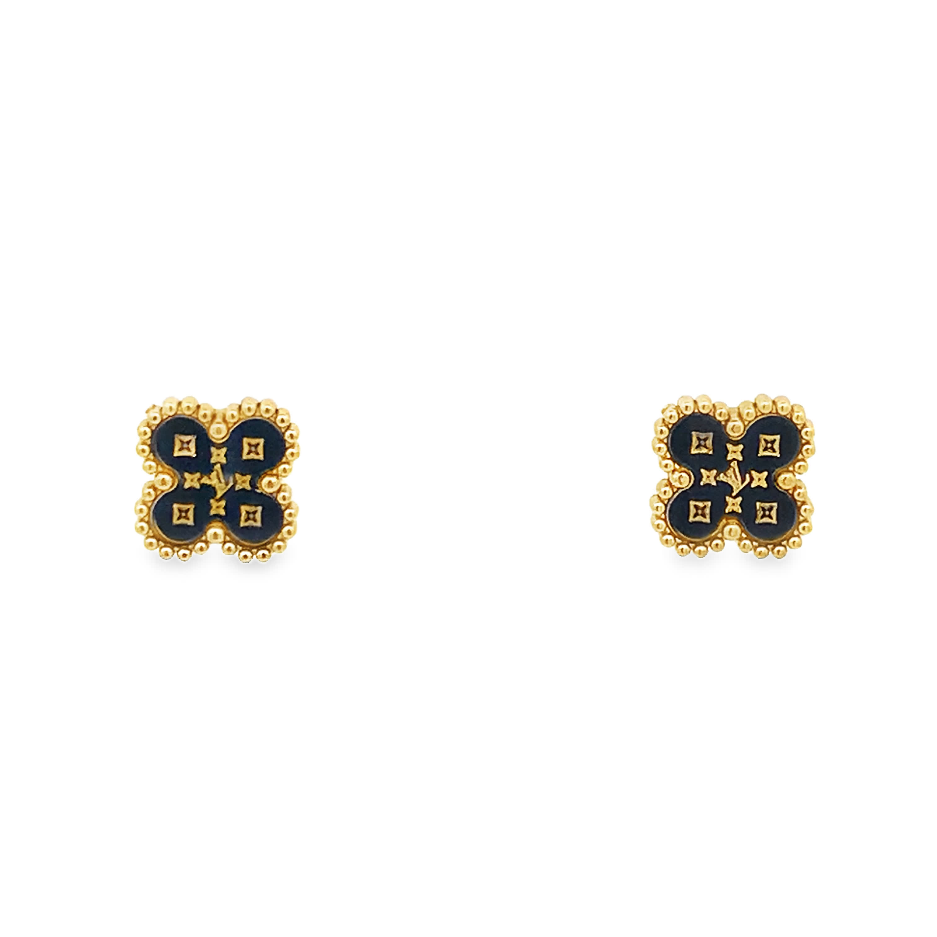 Yellow Gold Clover Stud Earrings with Black Enamel