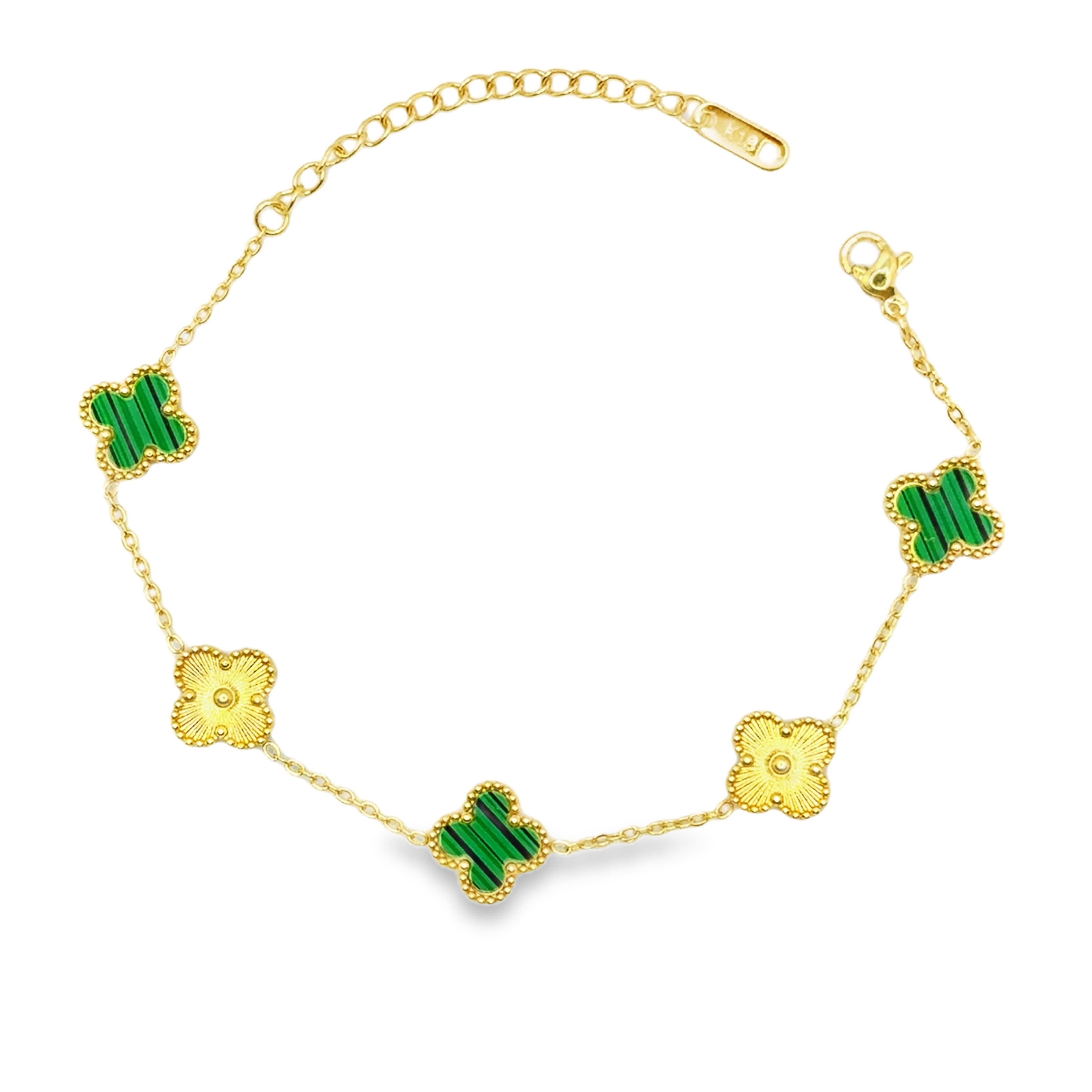 Bransoletka ze Złoconego Łańcuszka z Malachitowymi Koniczynami