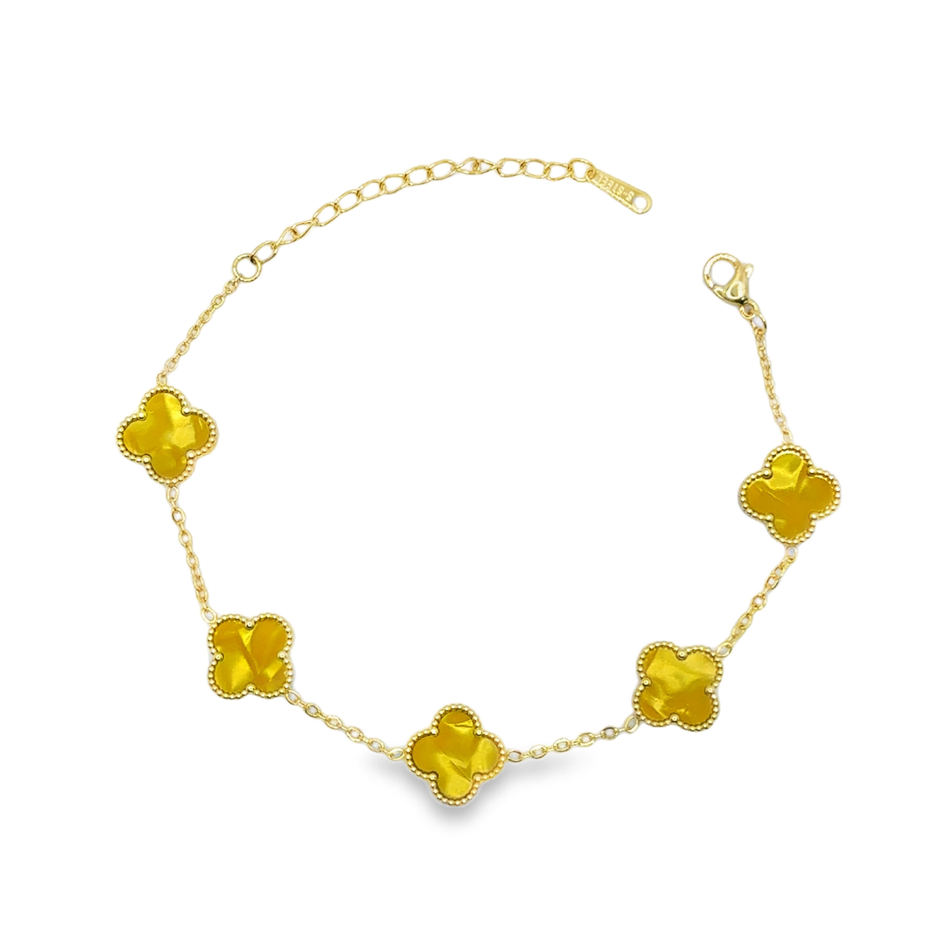 Bransoletka ze Złoconego Łańcuszka z Żółtym Agatem i Zawieszkami Koniczyny