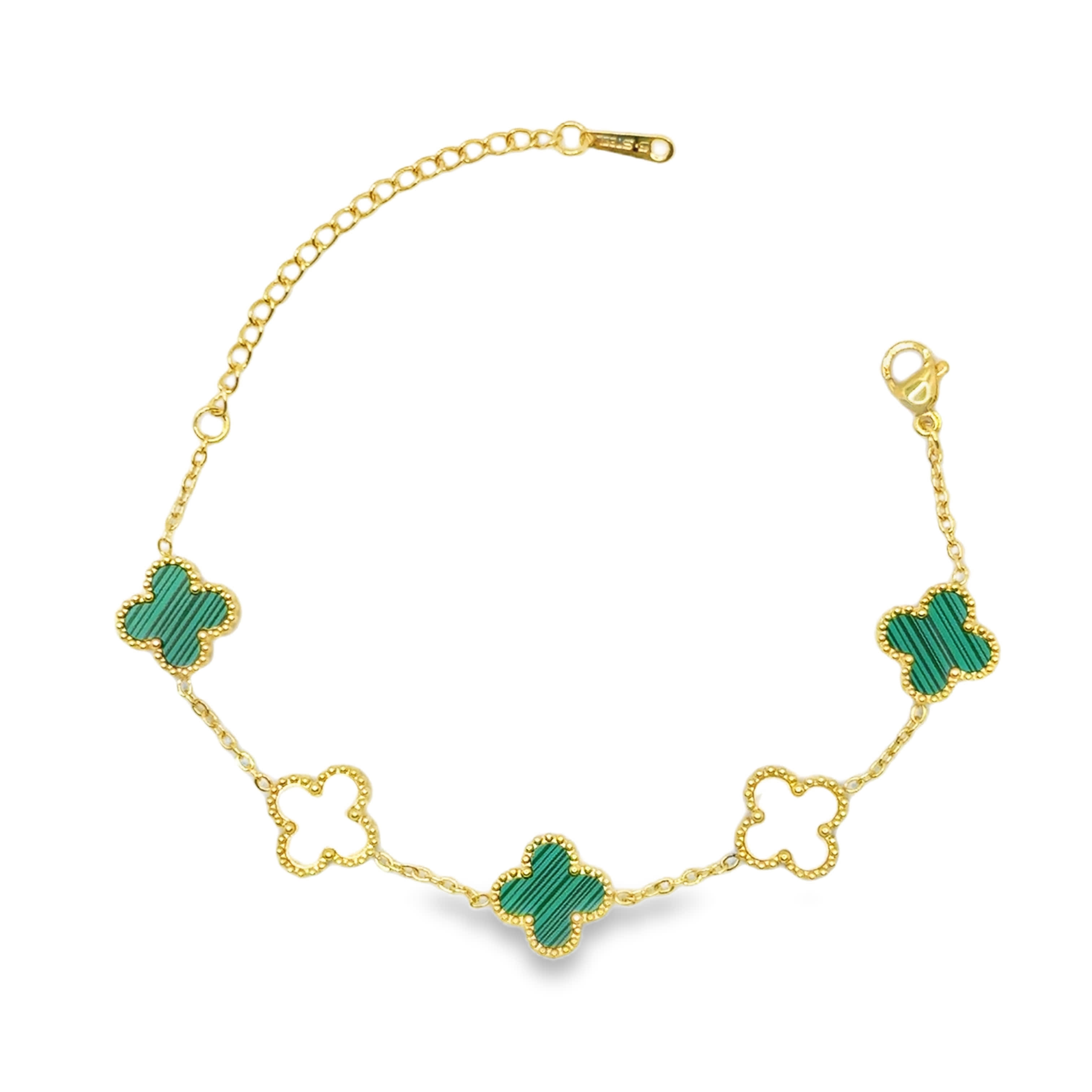 Bransoletka ze Złoconego Łańcuszka z Malachitowymi Charmsami w Kształcie Koniczyny