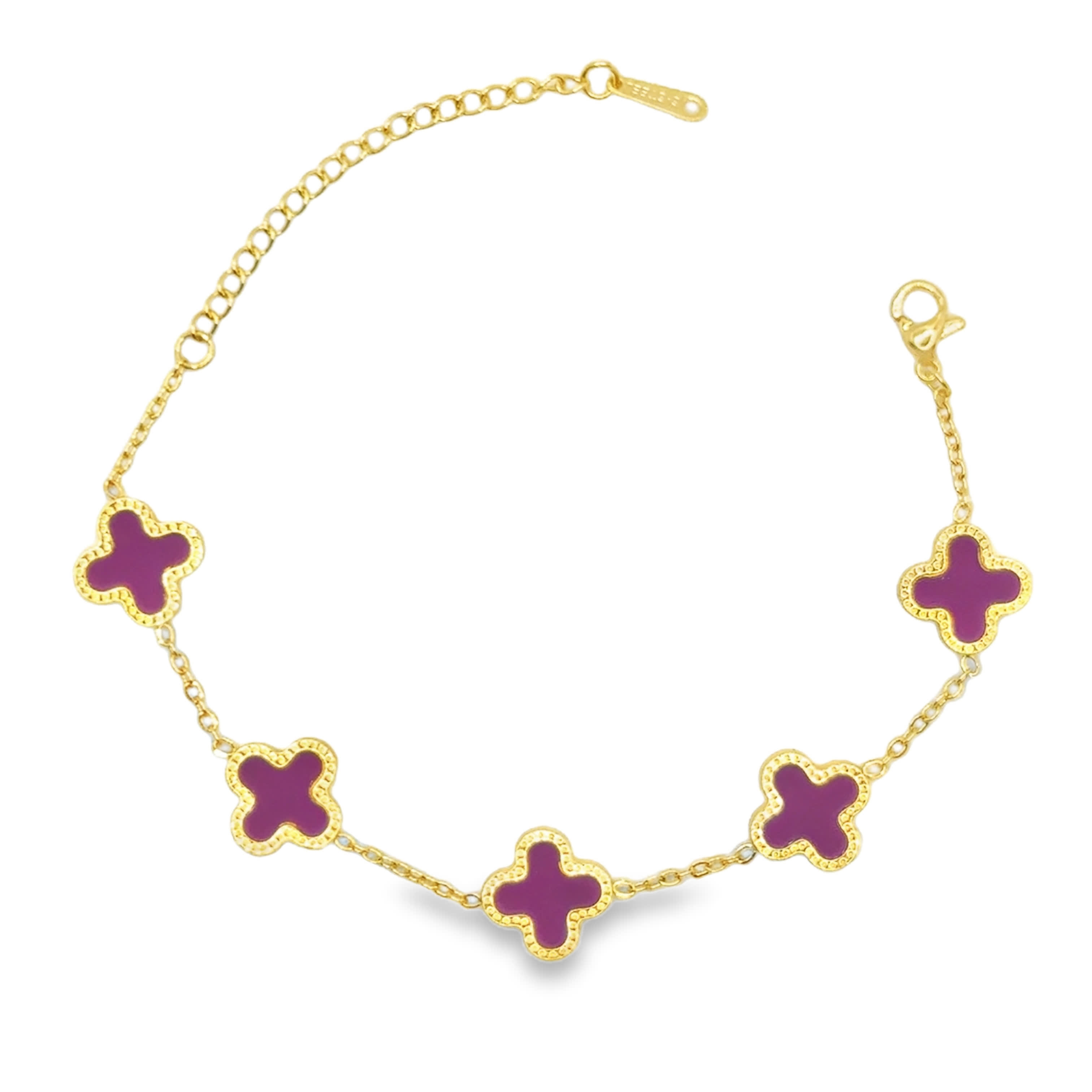 Bransoletka ze złoconej stali z kaboszonem ametystowych koniczynek