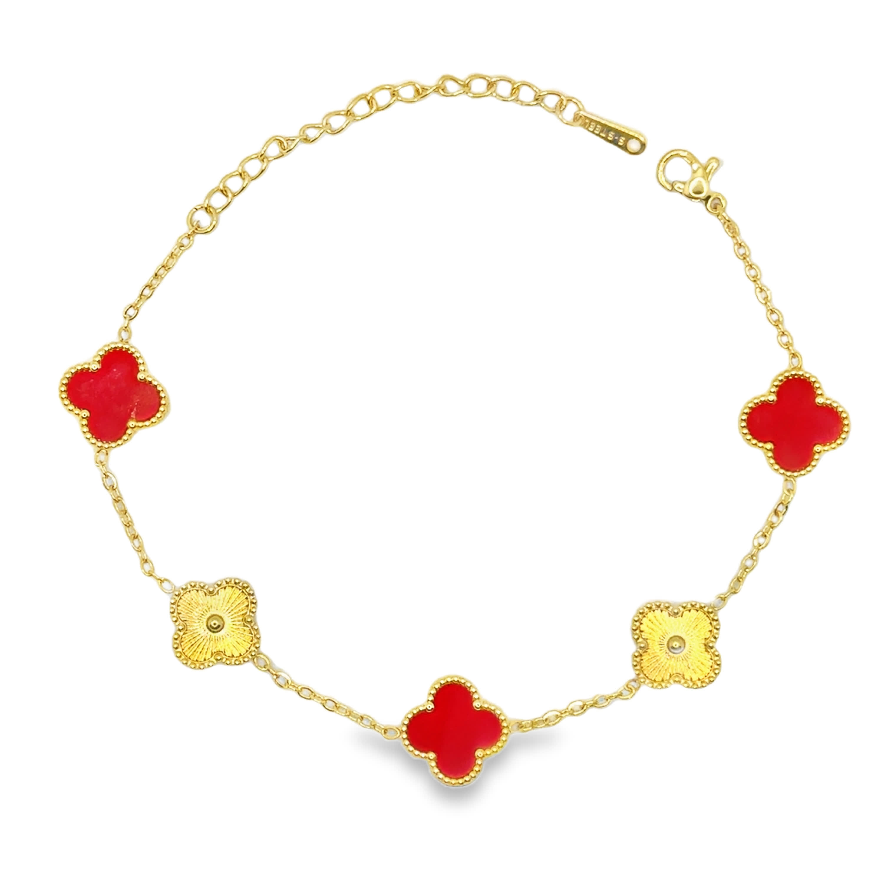 Bransoletka ze Złoconego Łańcuszka z Rubinowymi Kaboszonami w Kształcie Koniczyny