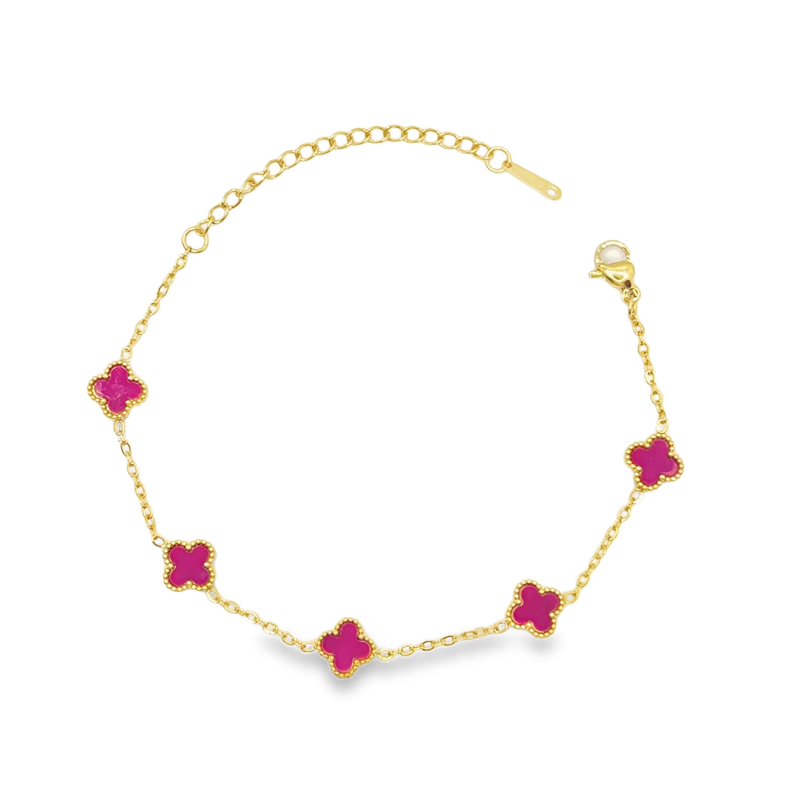 Bransoletka ze złoconej stali z czterolistnymi czerwonymi koralami