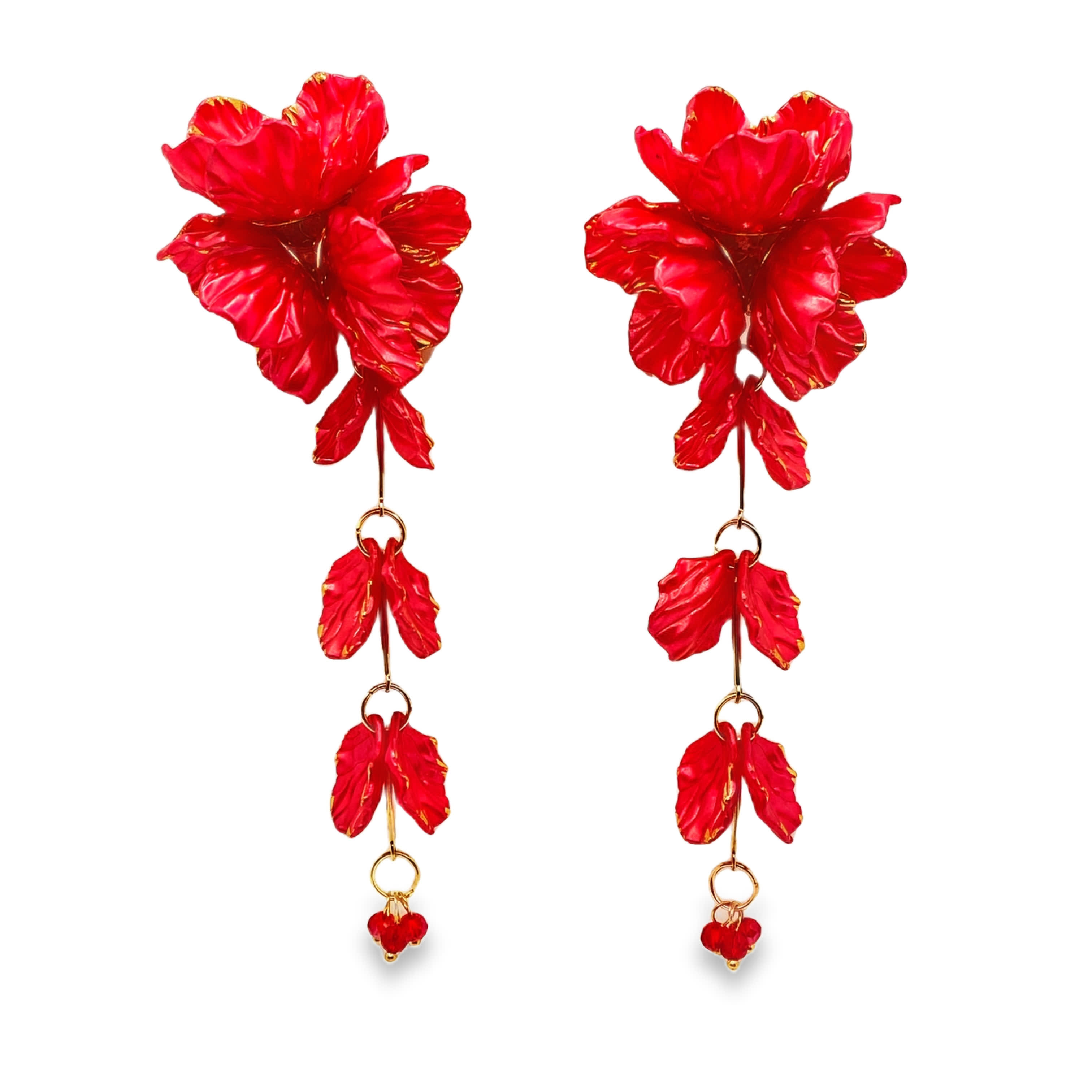 Czerwone wiszące kolczyki z motywem kwiatowym, bez metalu,