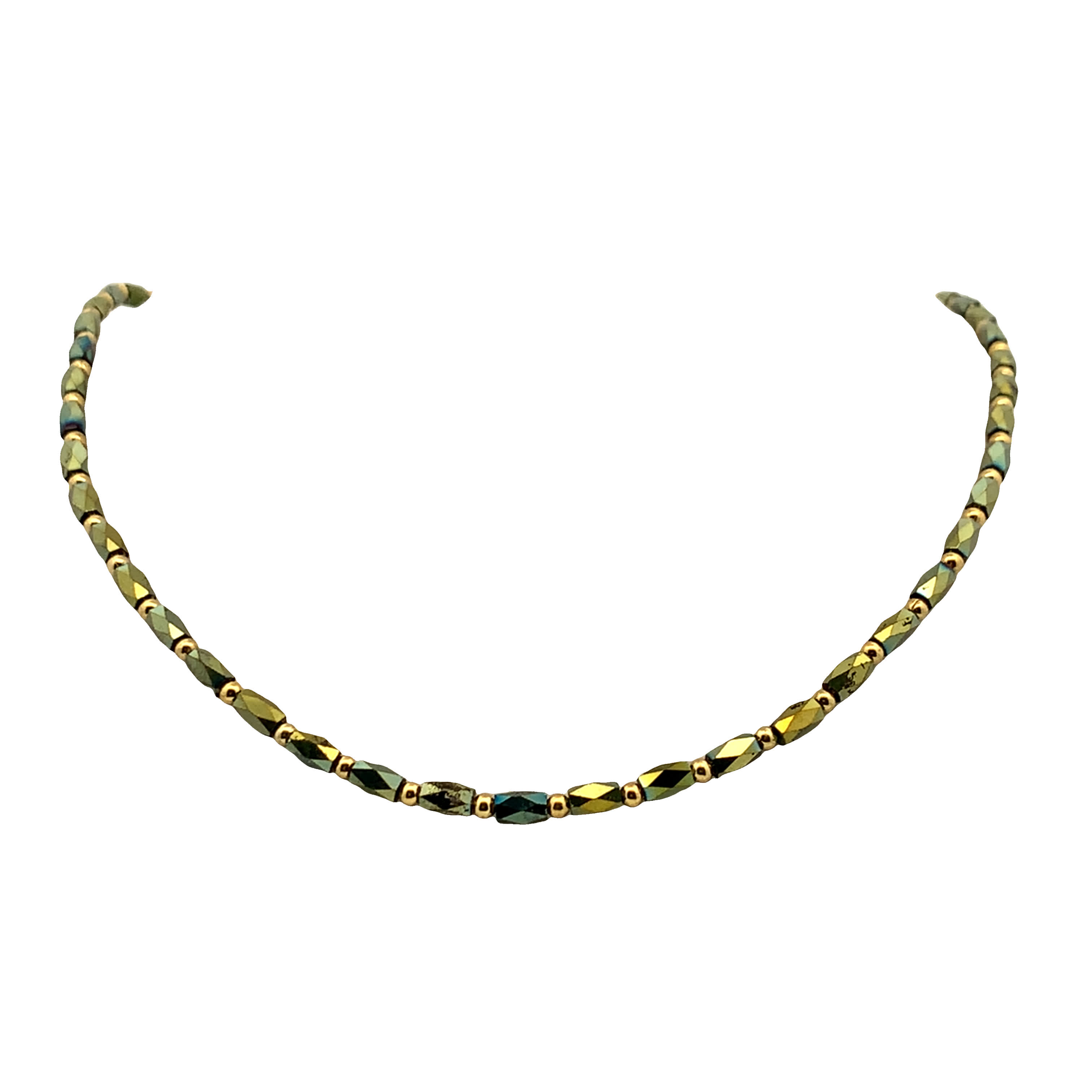 Naszyjnik z mieniących się koralików beczułkowych z akcentami ze złoconej stali