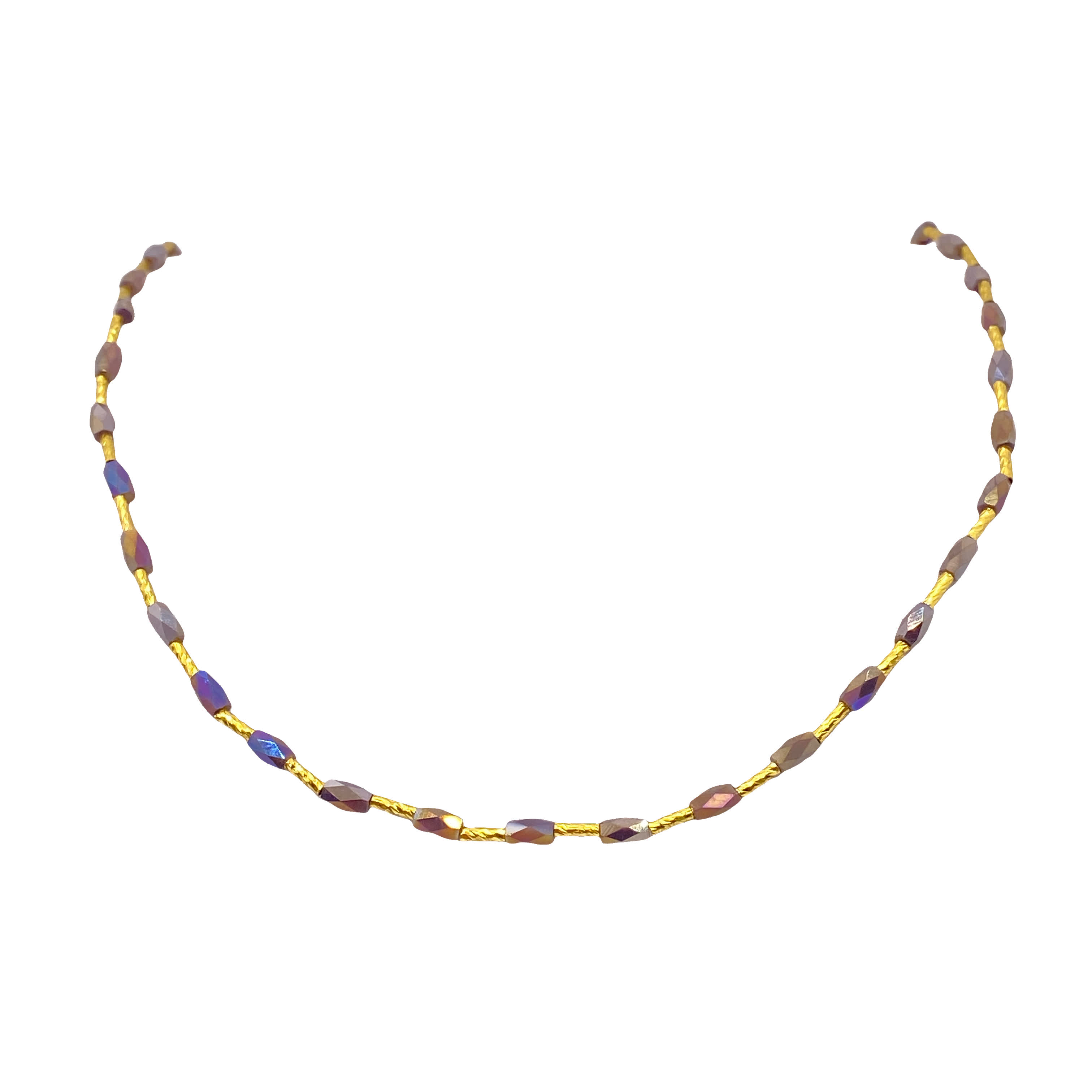 Naszyjnik ze złoconej stali z fioletowymi kryształowymi okrągłymi kaboszonami
