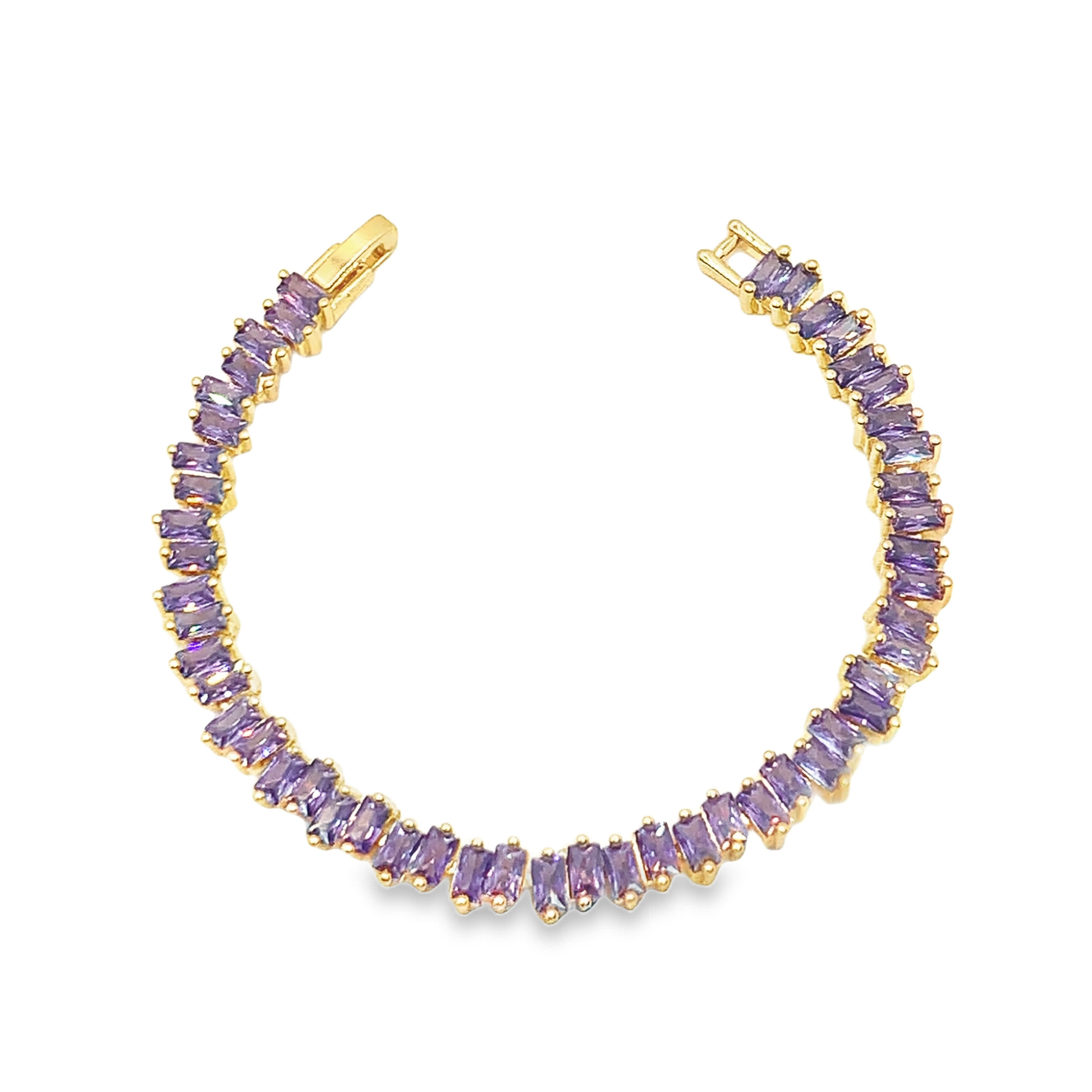 Bransoletka tenisowa z żółtego złota z ametystami bagietkowymi