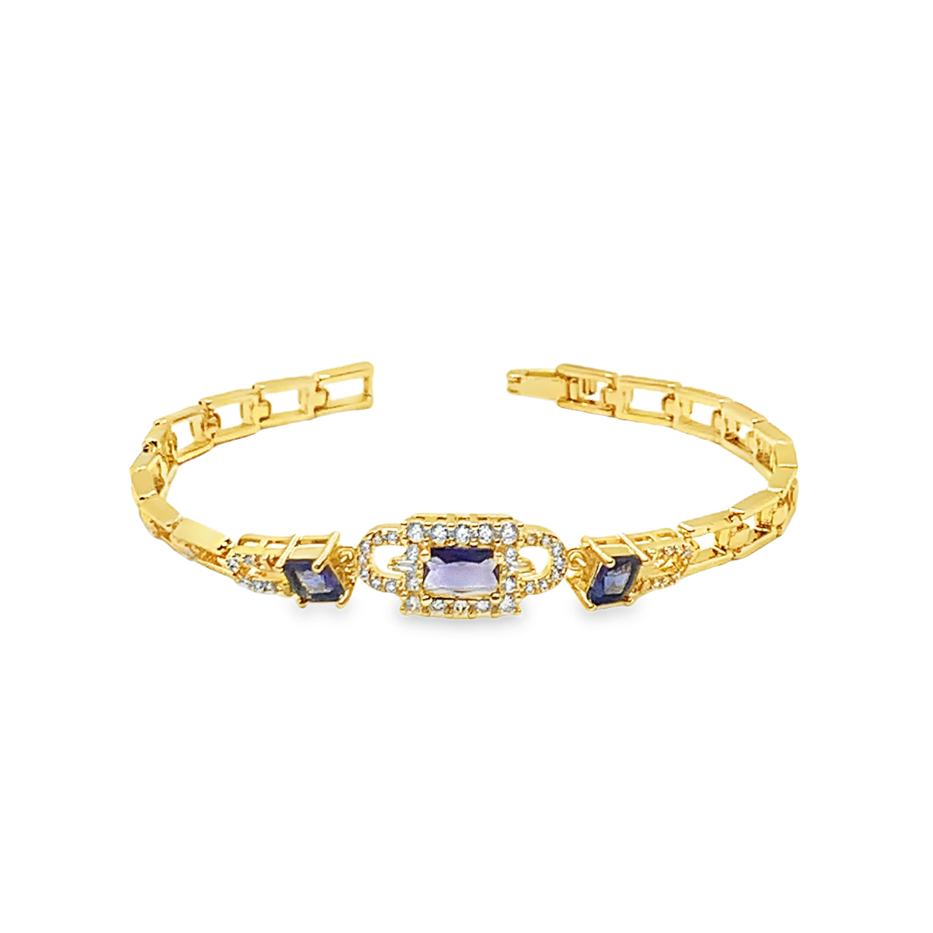 Bransoletka z żółtego złota z łańcuszkiem i ametystem o szlifie szmaragdowym