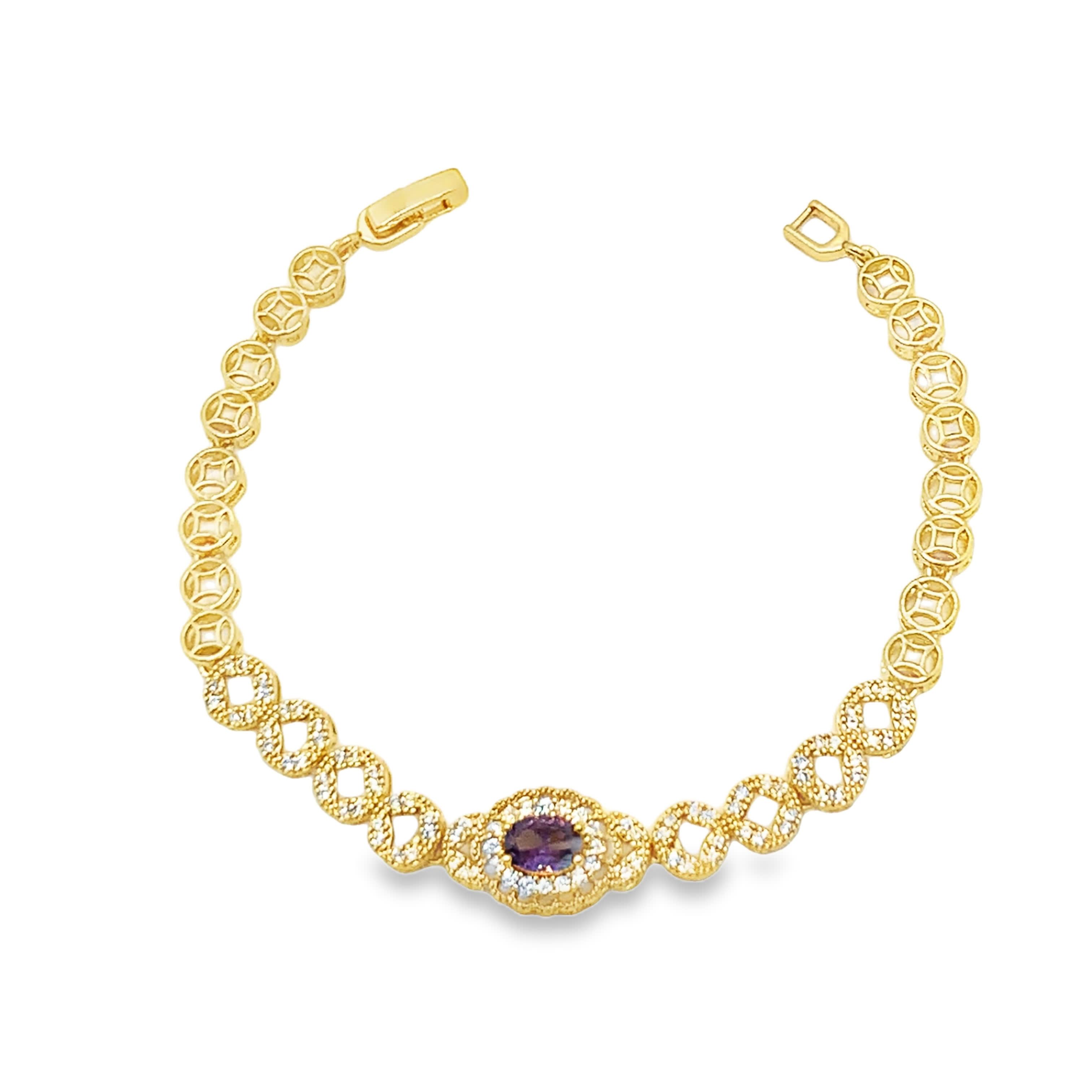 Bransoletka z żółtego złota z owalnym ametystem