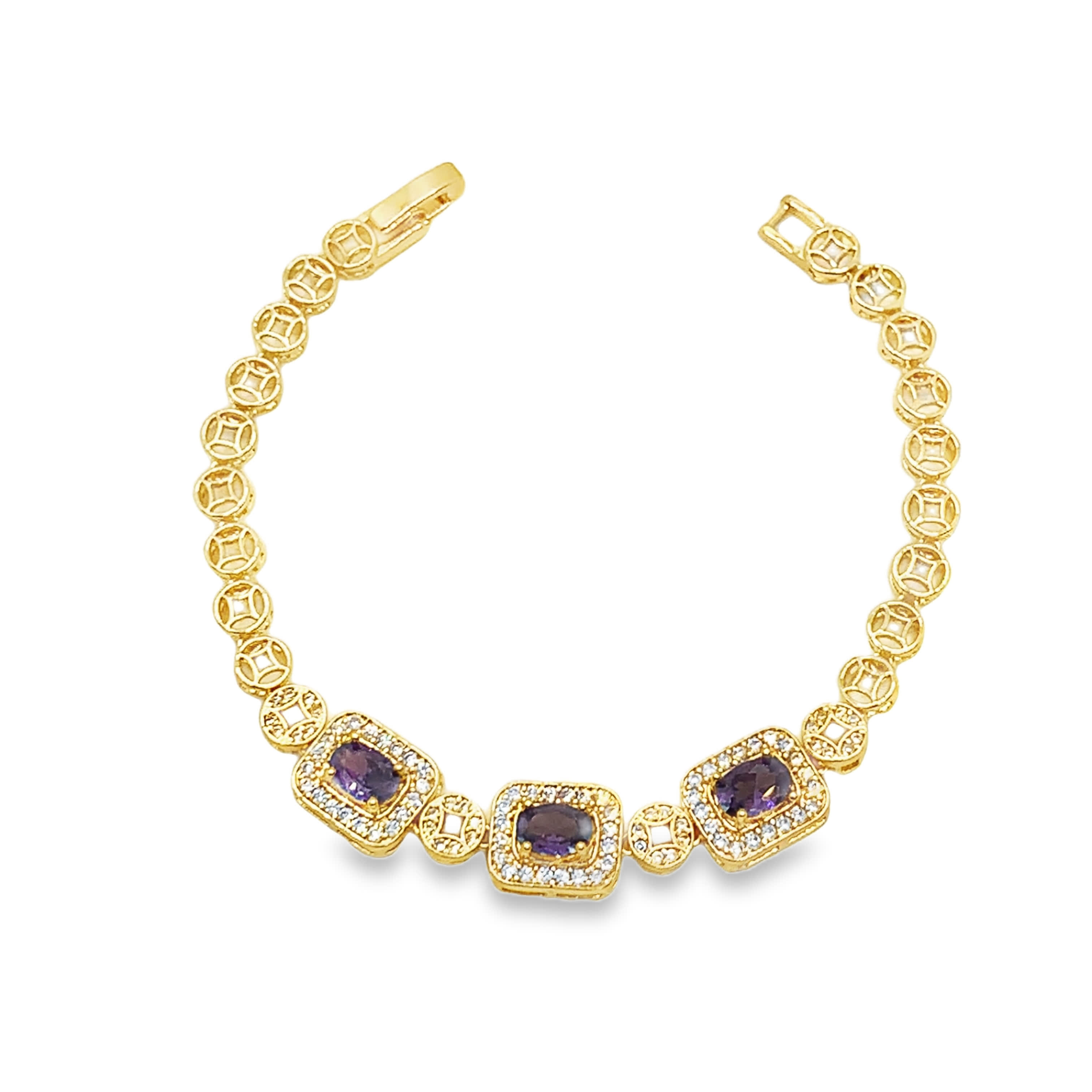 Bransoletka z żółtego złota z kwadratowymi ametystami