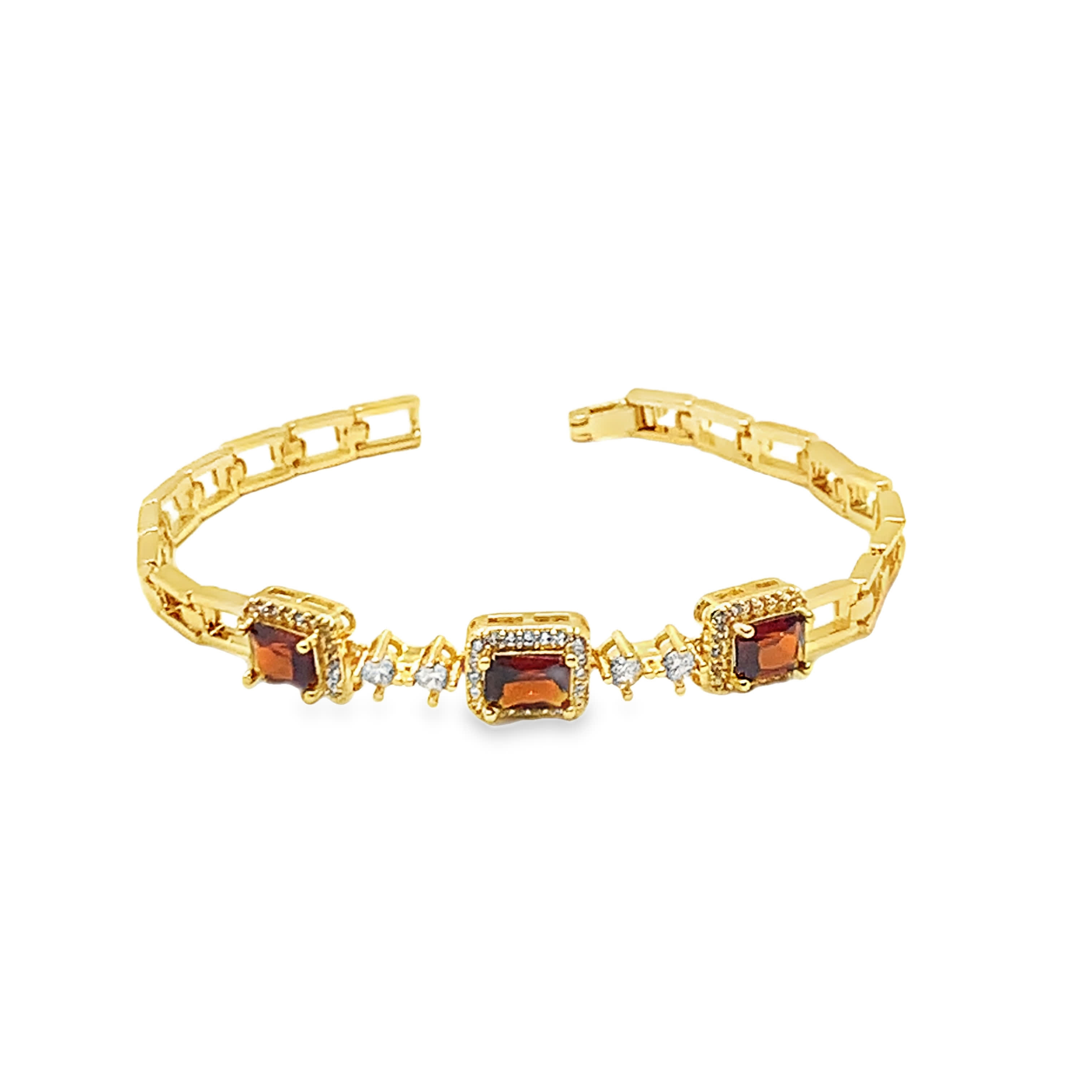 Bransoletka tenisowa z żółtego złota z kwadratowymi granatami