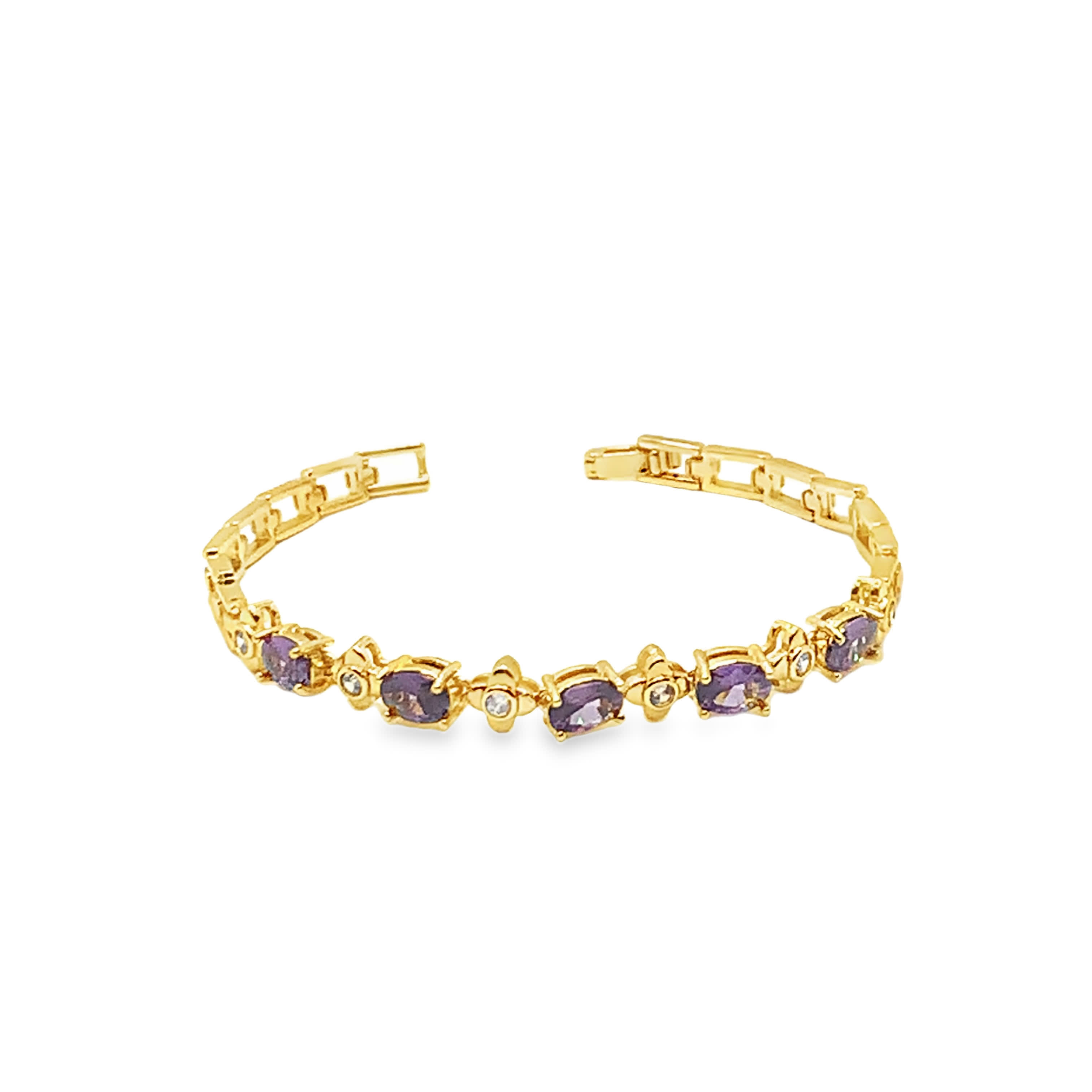 Bransoletka tenisowa z żółtego złota z ametystami w kształcie kaboszonu