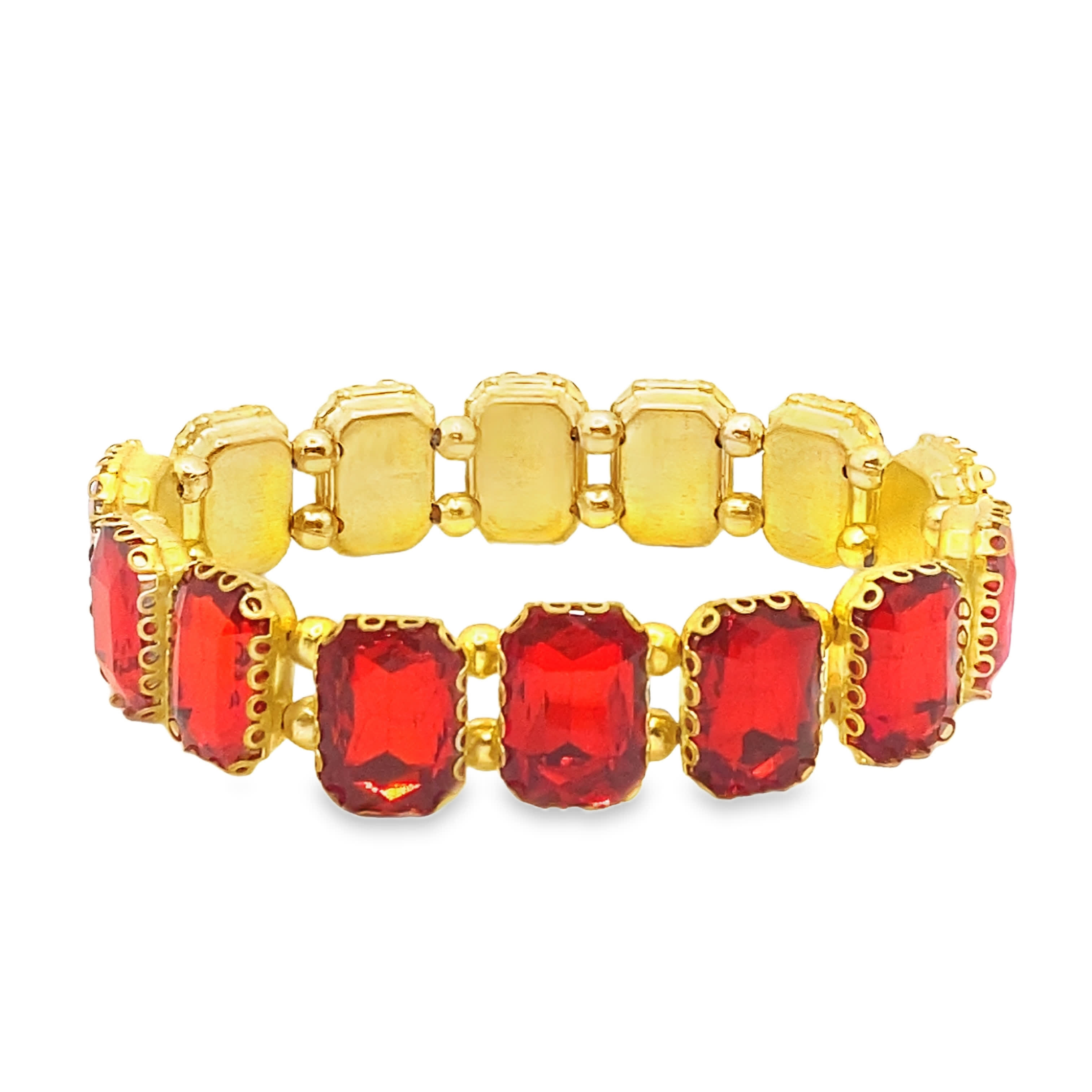 Bransoletka z żółtego złota z łańcuszkiem i rubinami o szlifie szmaragdowym