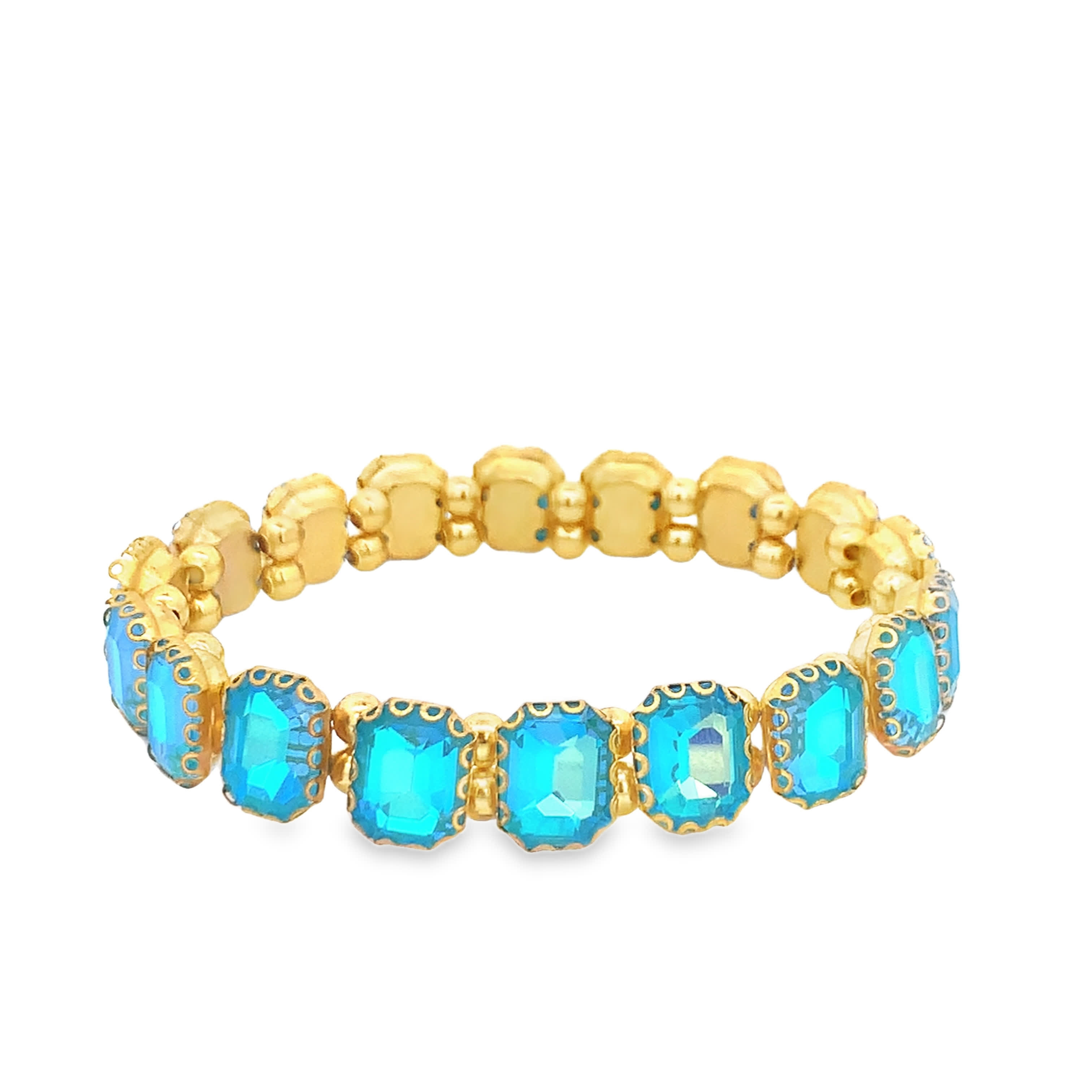 Bransoletka tenisowa z żółtego złota z niebiesko-zielonymi kwadratowymi kryształkami