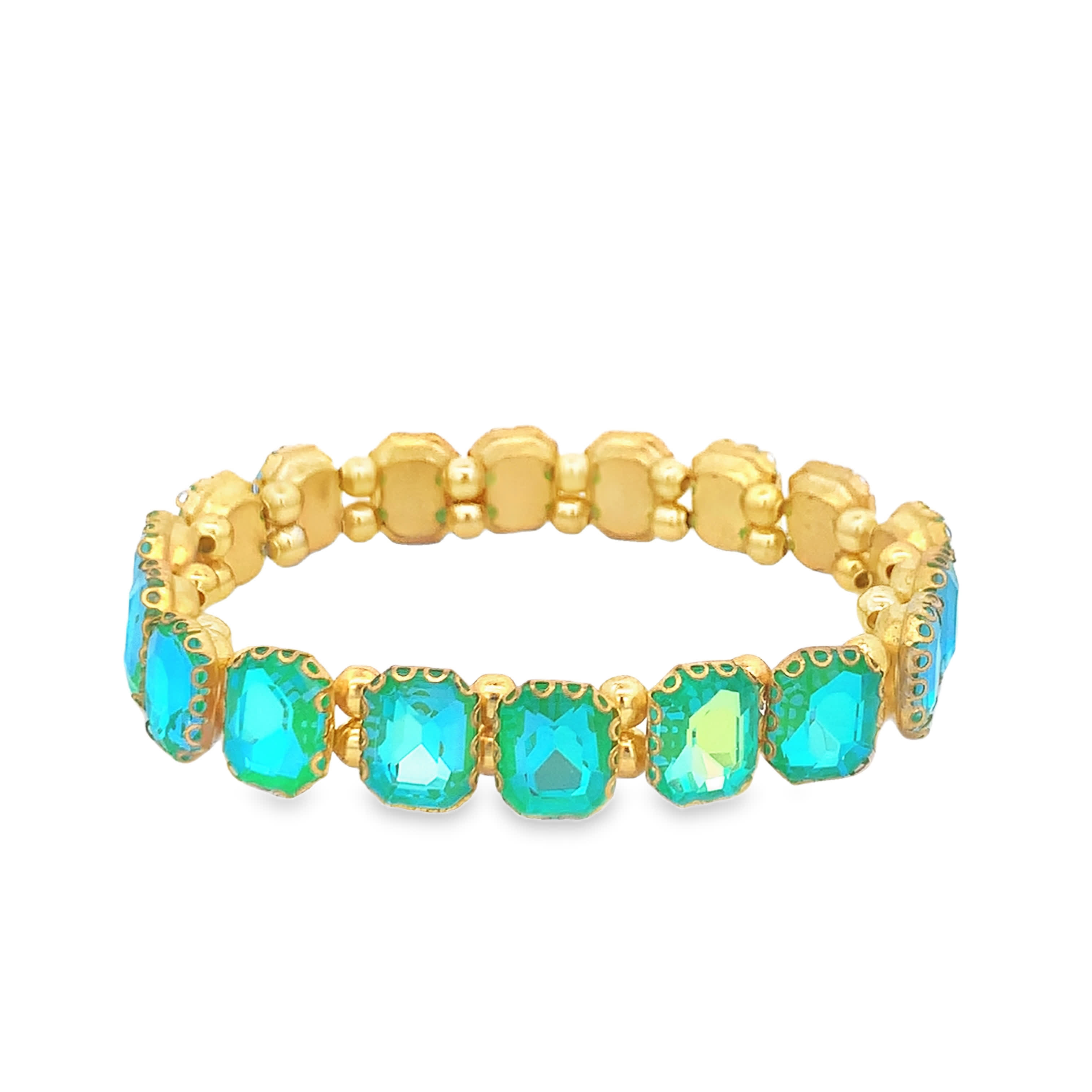 Bransoletka tenisowa z żółtego złota z niebiesko-zielonymi kryształowymi kaboszonami