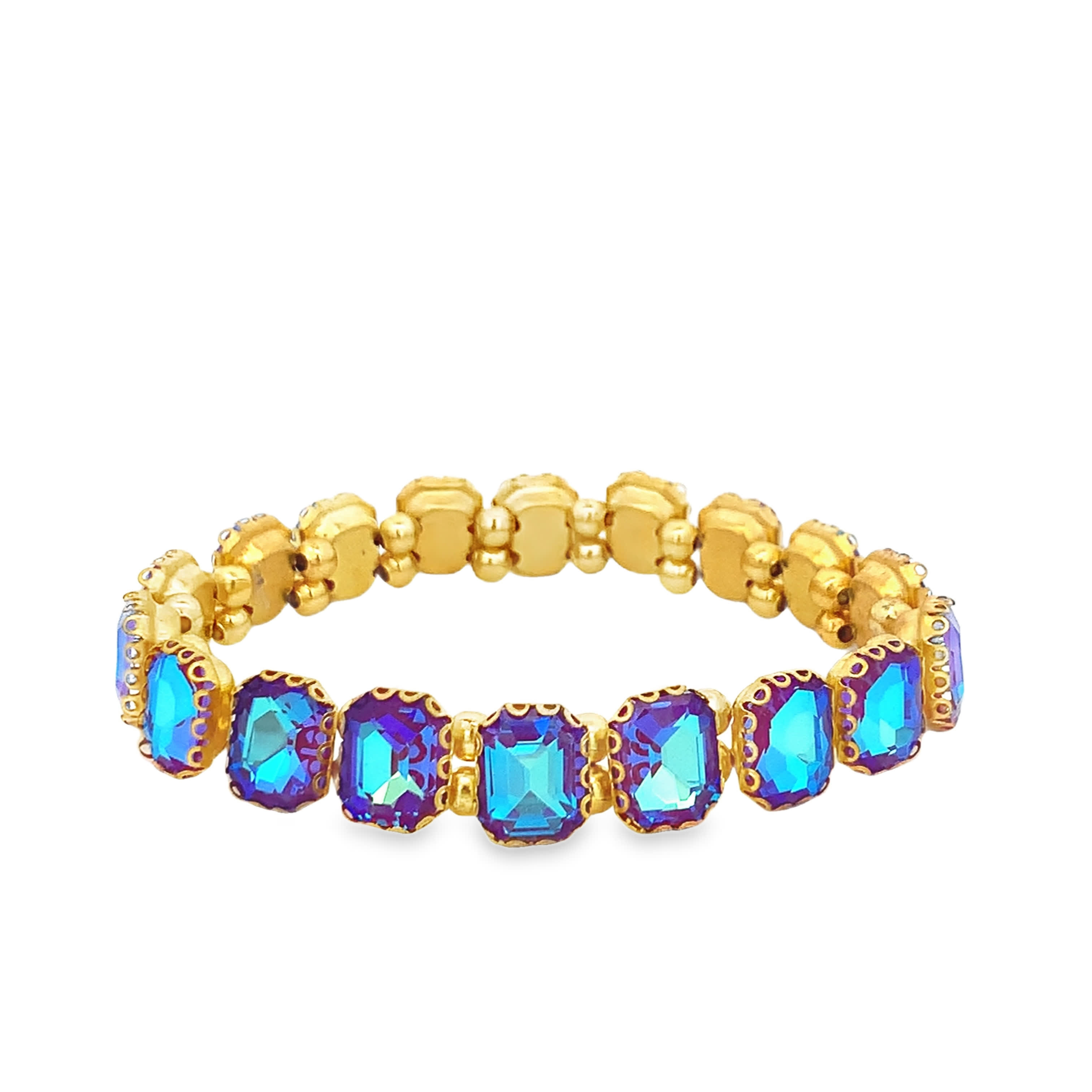 Bransoletka tenisowa z żółtego złota z niebieskimi kryształami o szlifie szmaragdowym