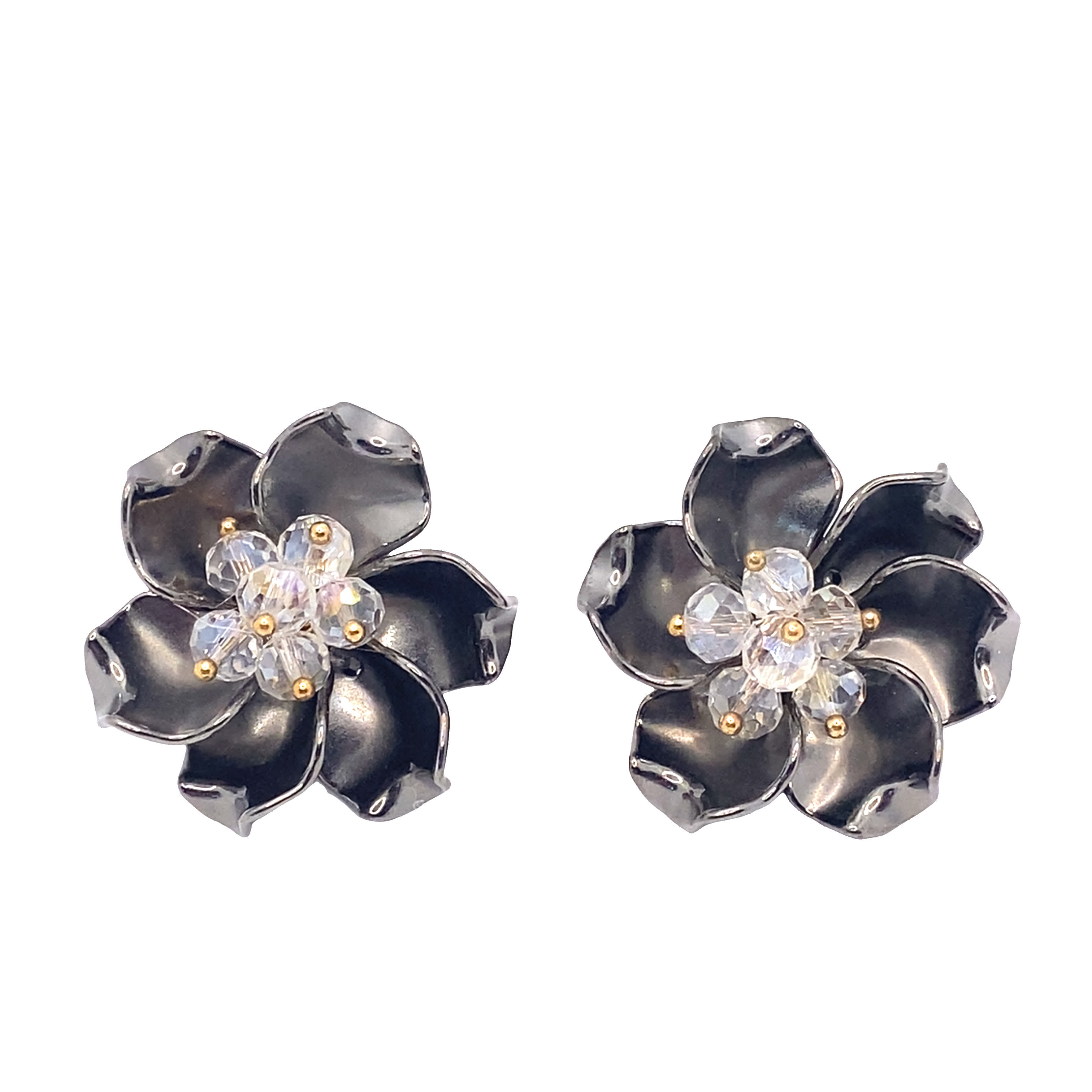 Kolczyki z kryształkami w kształcie kwiatów i wykończeniem z żółtego złota