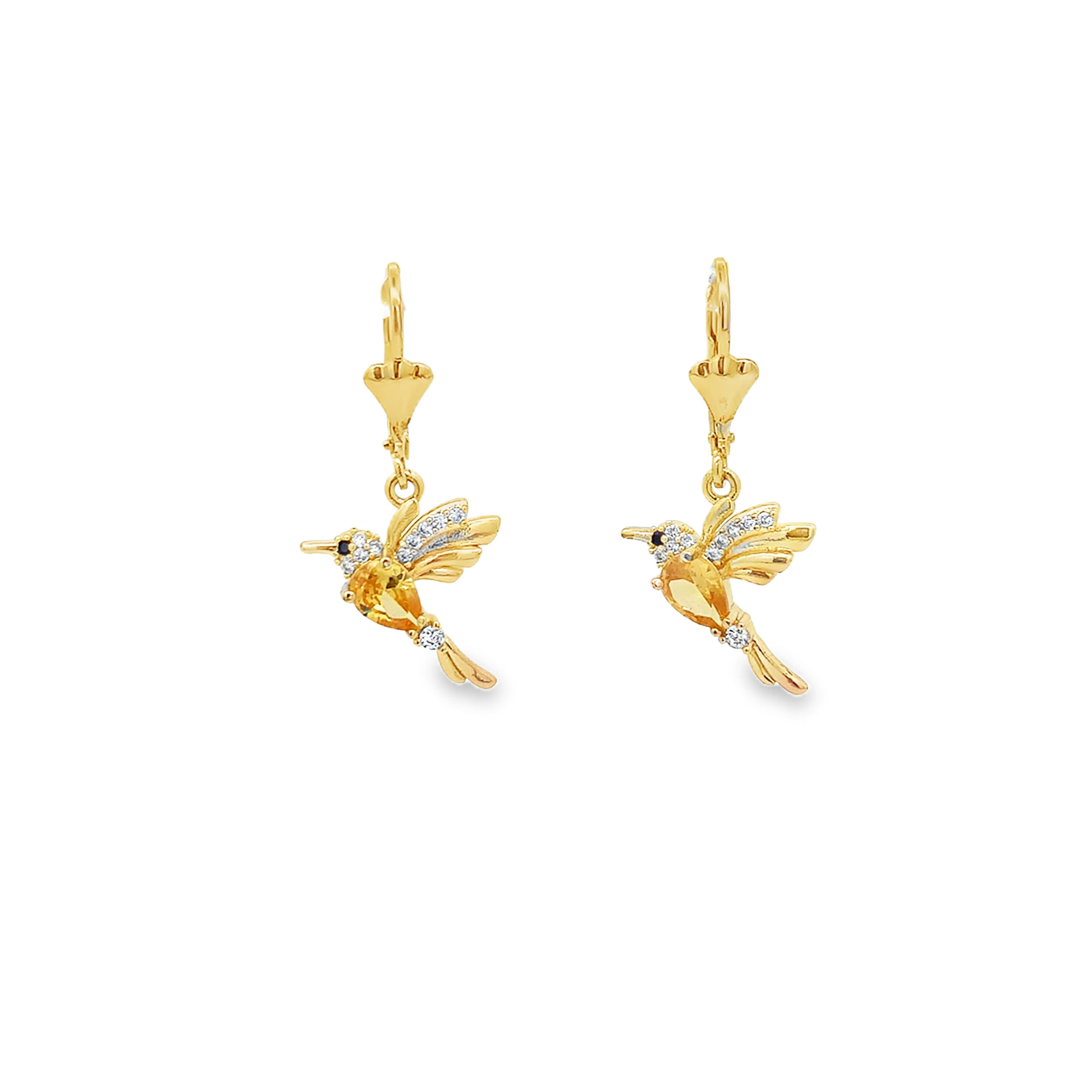 Kolczyki wiszące z żółtego złota w kształcie kolibra z brylantami o szlifie brylantowym