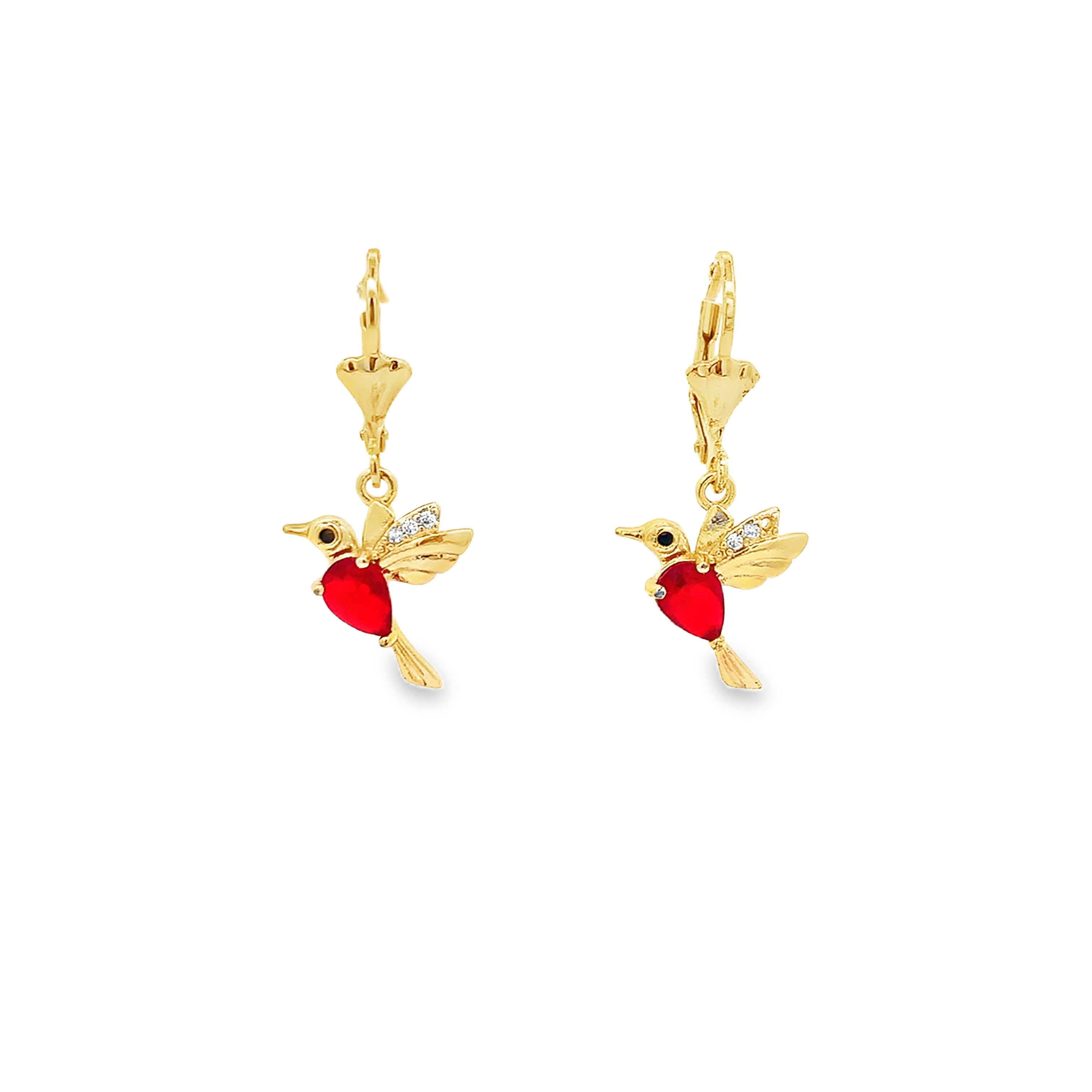 Fantazyjne kolczyki z żółtego złota w kształcie kolibra z akcentami rubinowymi w kształcie serca
