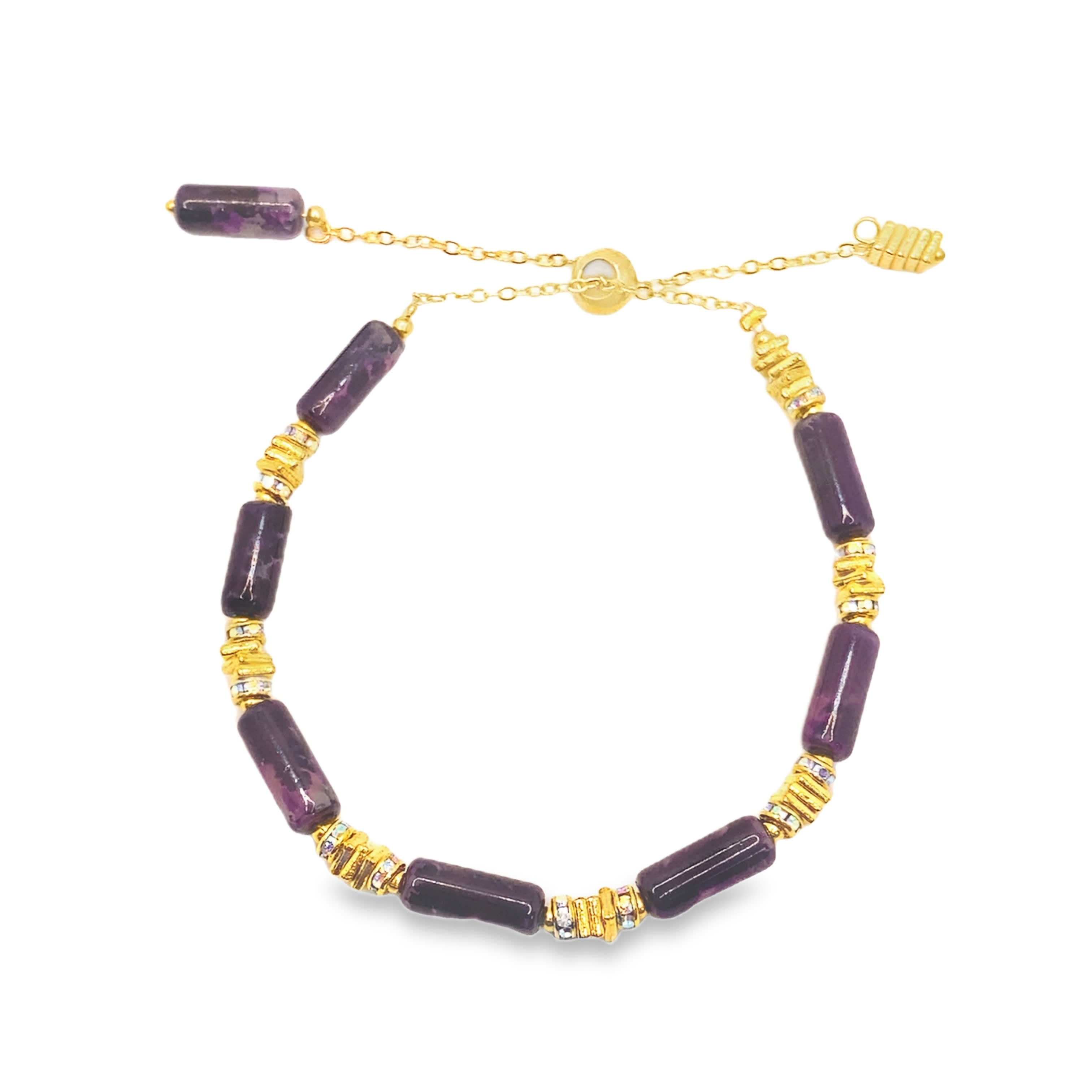 Bransoletka z koralików z żółtego złota z fioletowymi kaboszonami ametystu