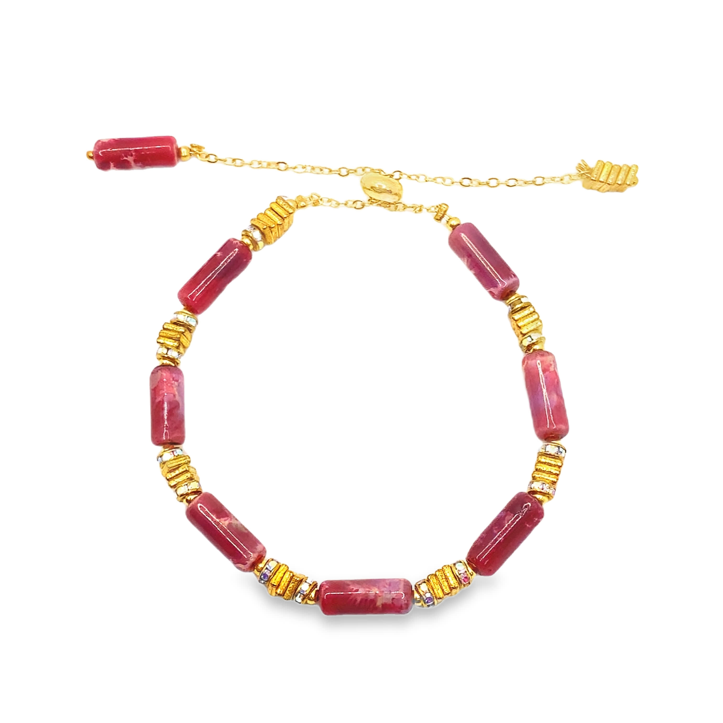 Bransoletka z koralików z żółtego złota z czerwonym kwarcem