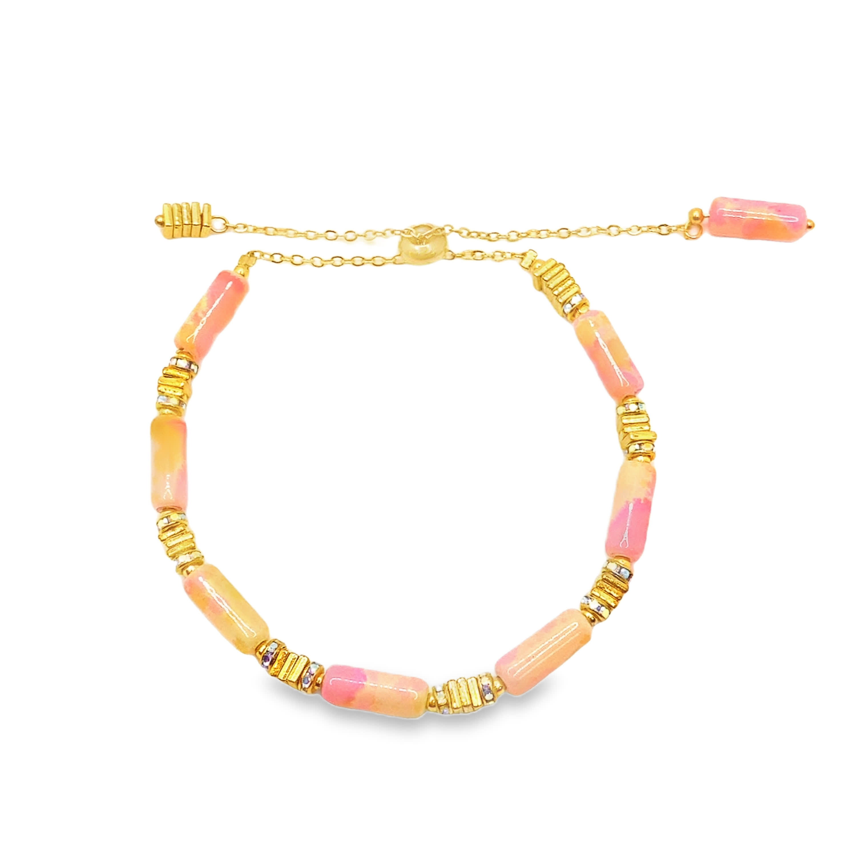 Bransoletka z koralików z żółtego złota z czerwono-pomarańczowym kwarcem różowym