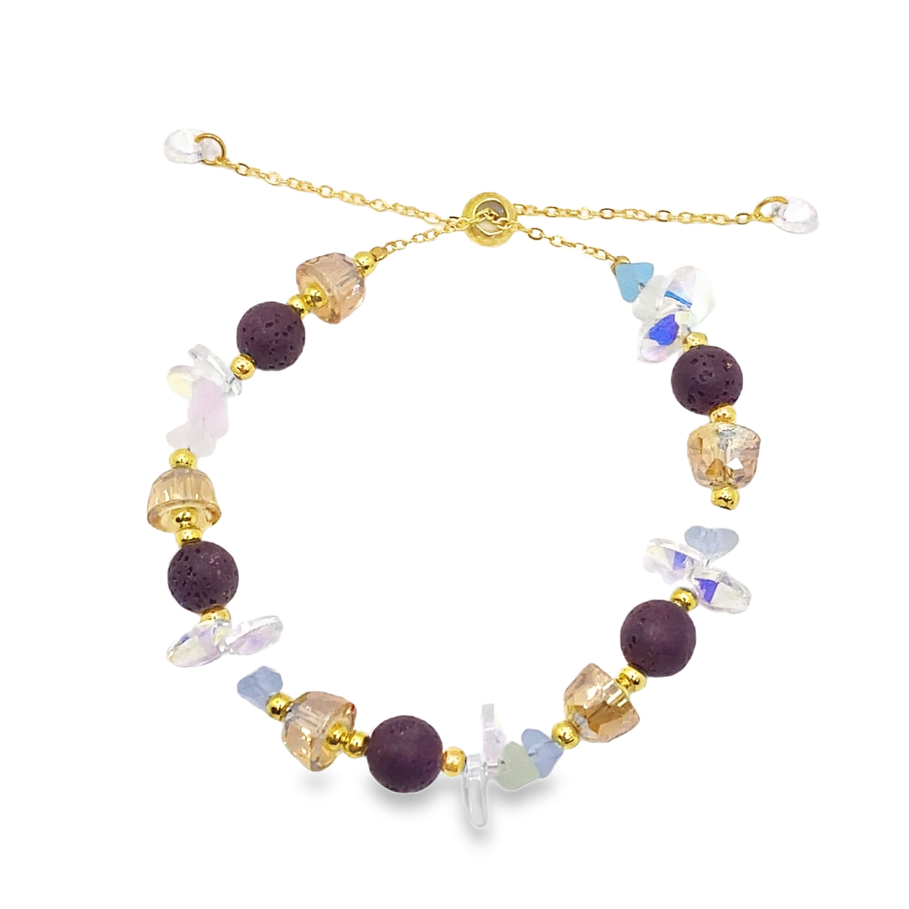 Elegancka bransoletka z żółtego złota z koralikami i kryształkami oraz koralikami lawowymi