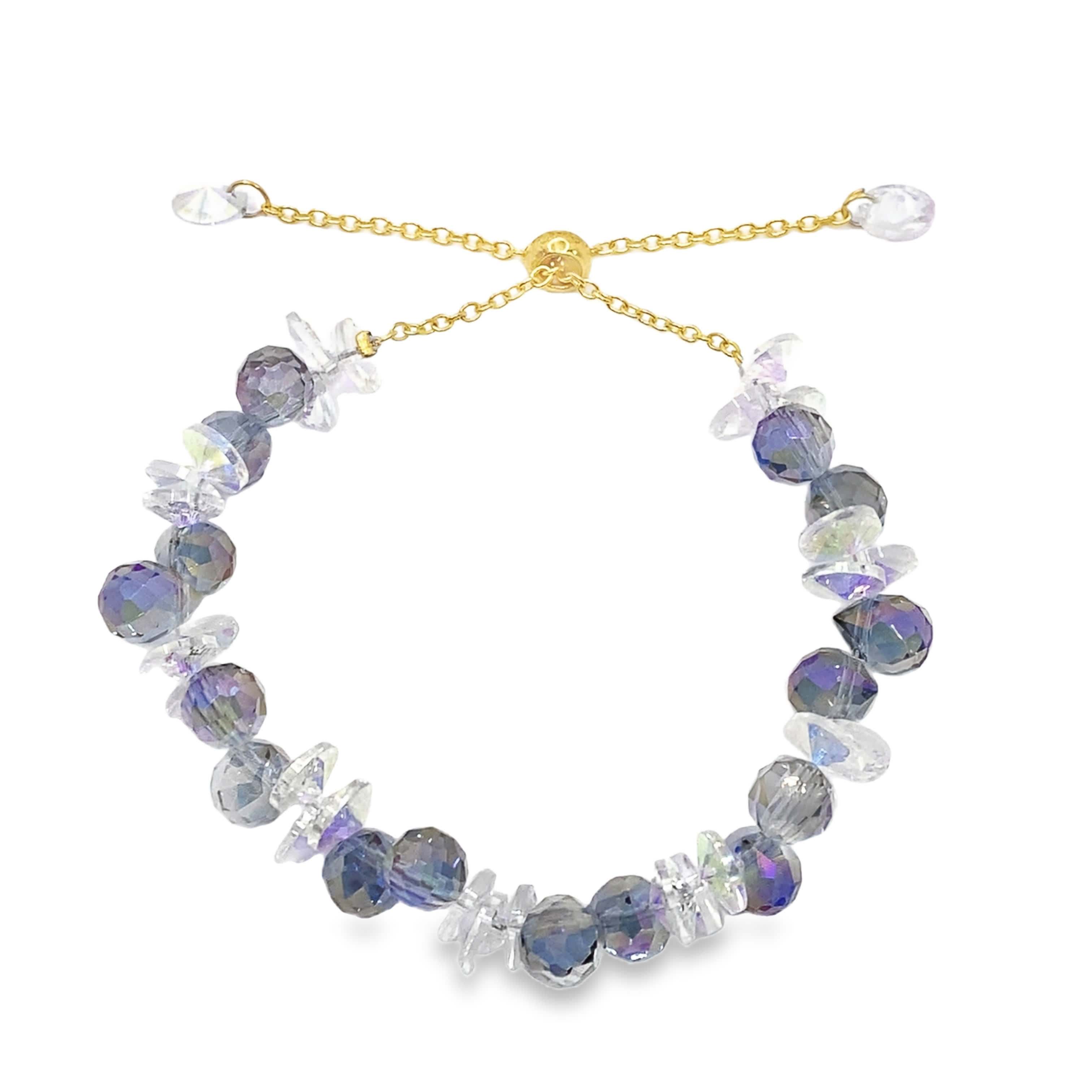 Bransoletka z koralików kryształowych w kolorze niebiesko-fioletowym z łańcuszkiem z żółtego złota