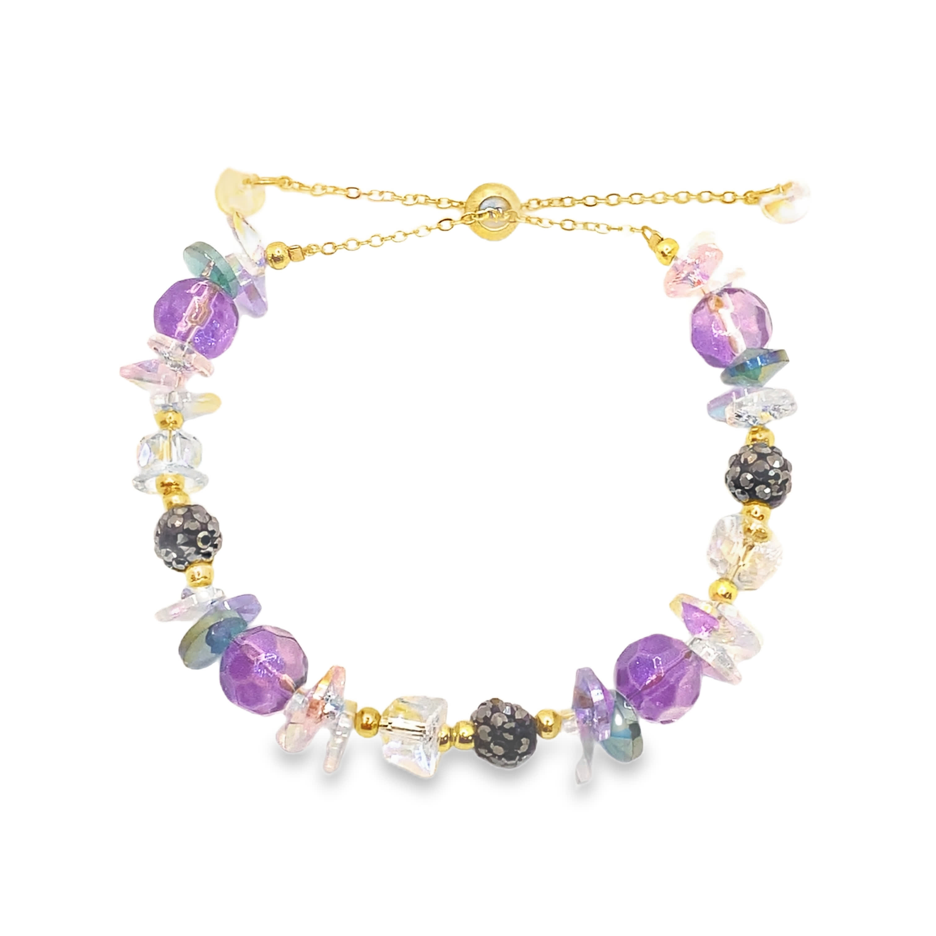 Bransoletka z koralików z żółtego złota z fioletowymi kryształowymi kulkami