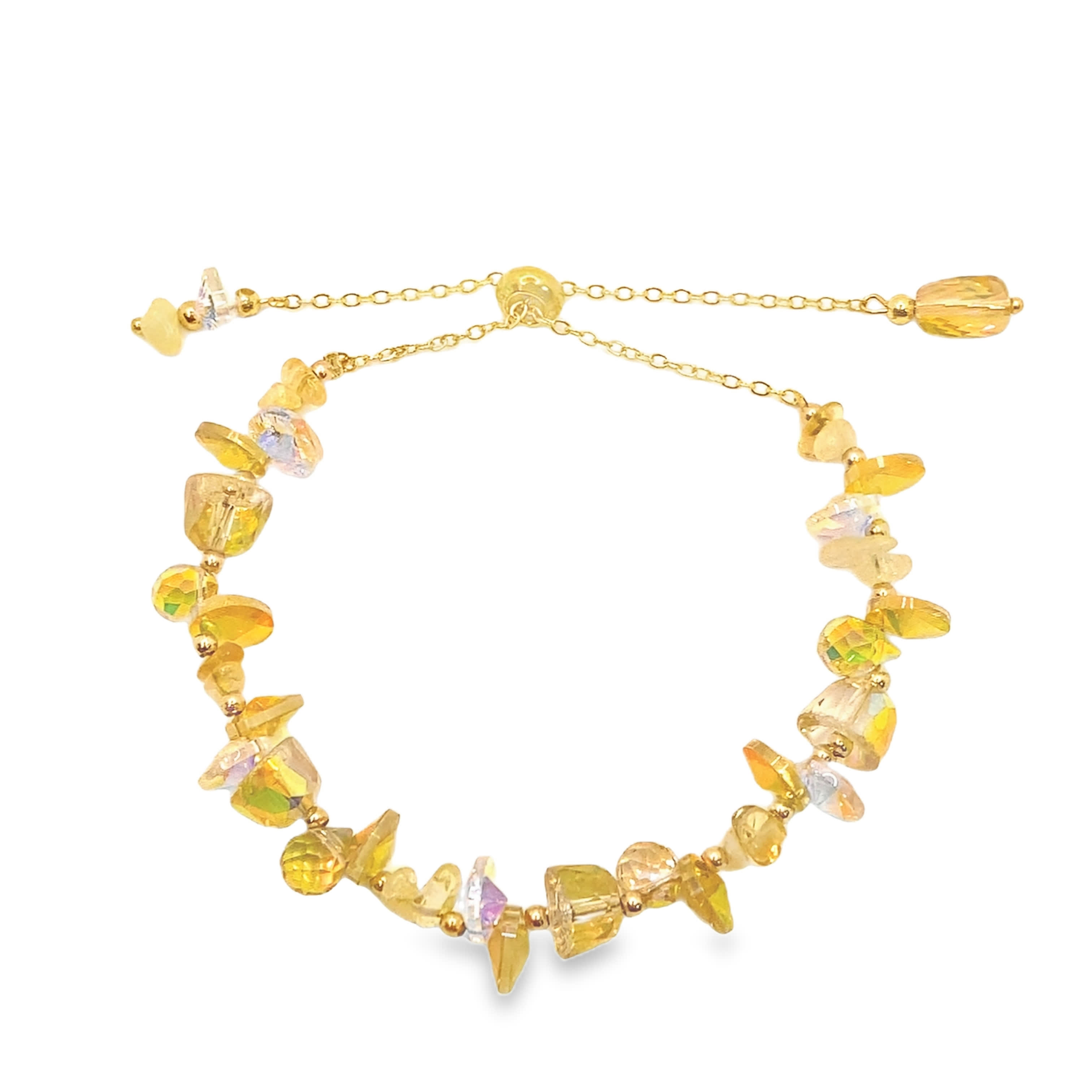 Bransoletka z żółtego złota z łańcuszkami i błyszczącymi kryształowymi kaboszonami