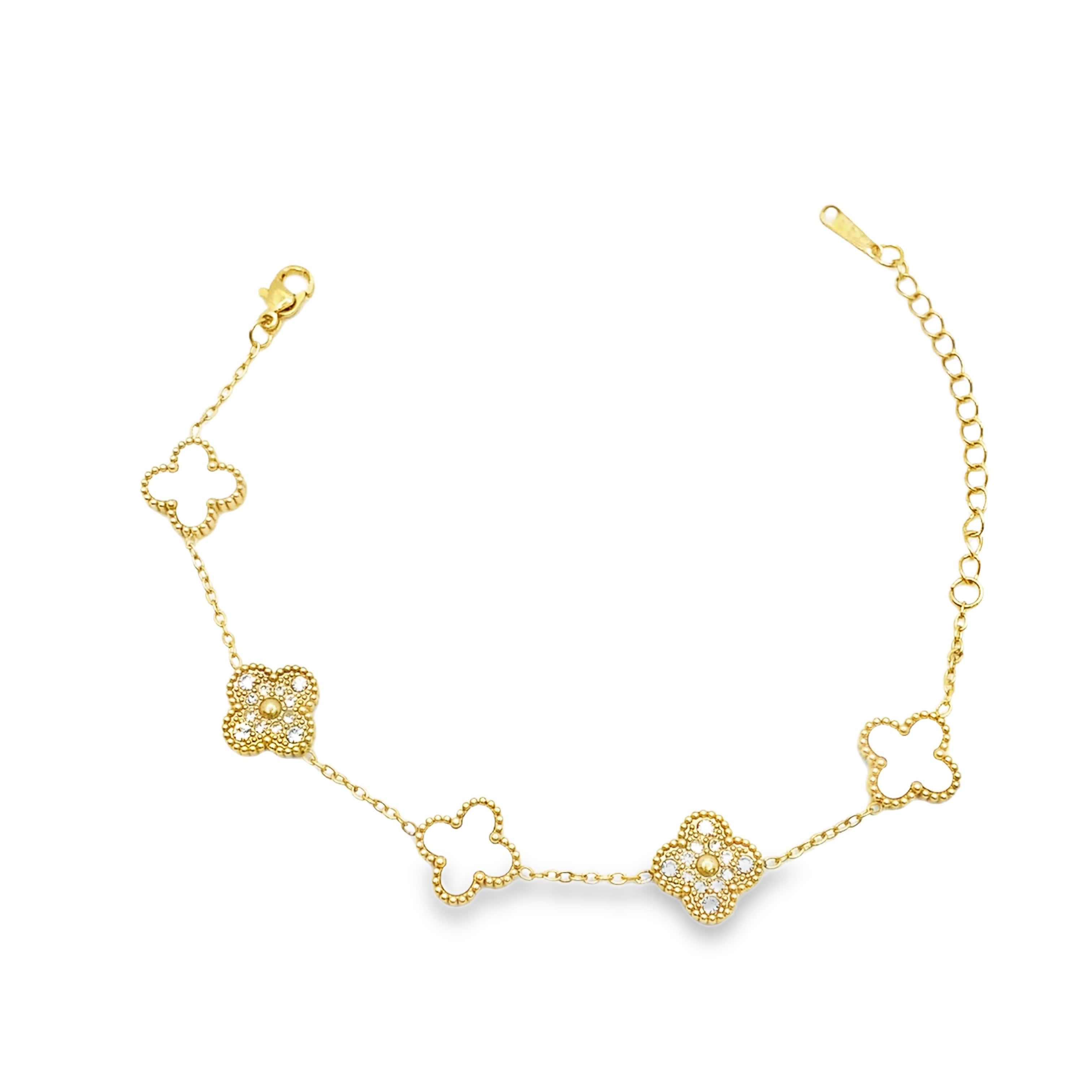 Elegancka bransoletka z łańcuszkiem koniczyna z żółtego złota