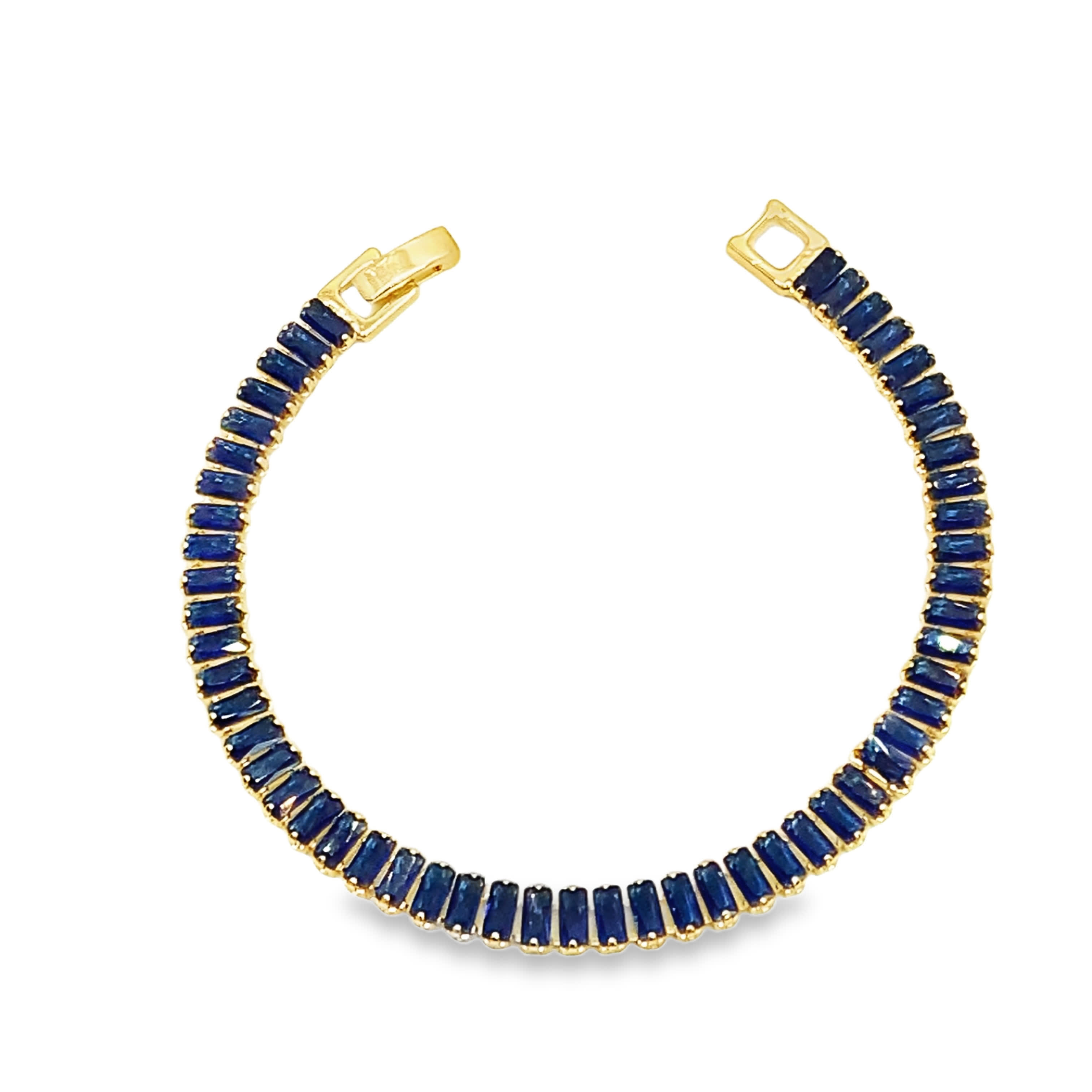Bransoletka tenisowa z żółtego złota z ciemnoniebieskimi szafirami bagietkowymi