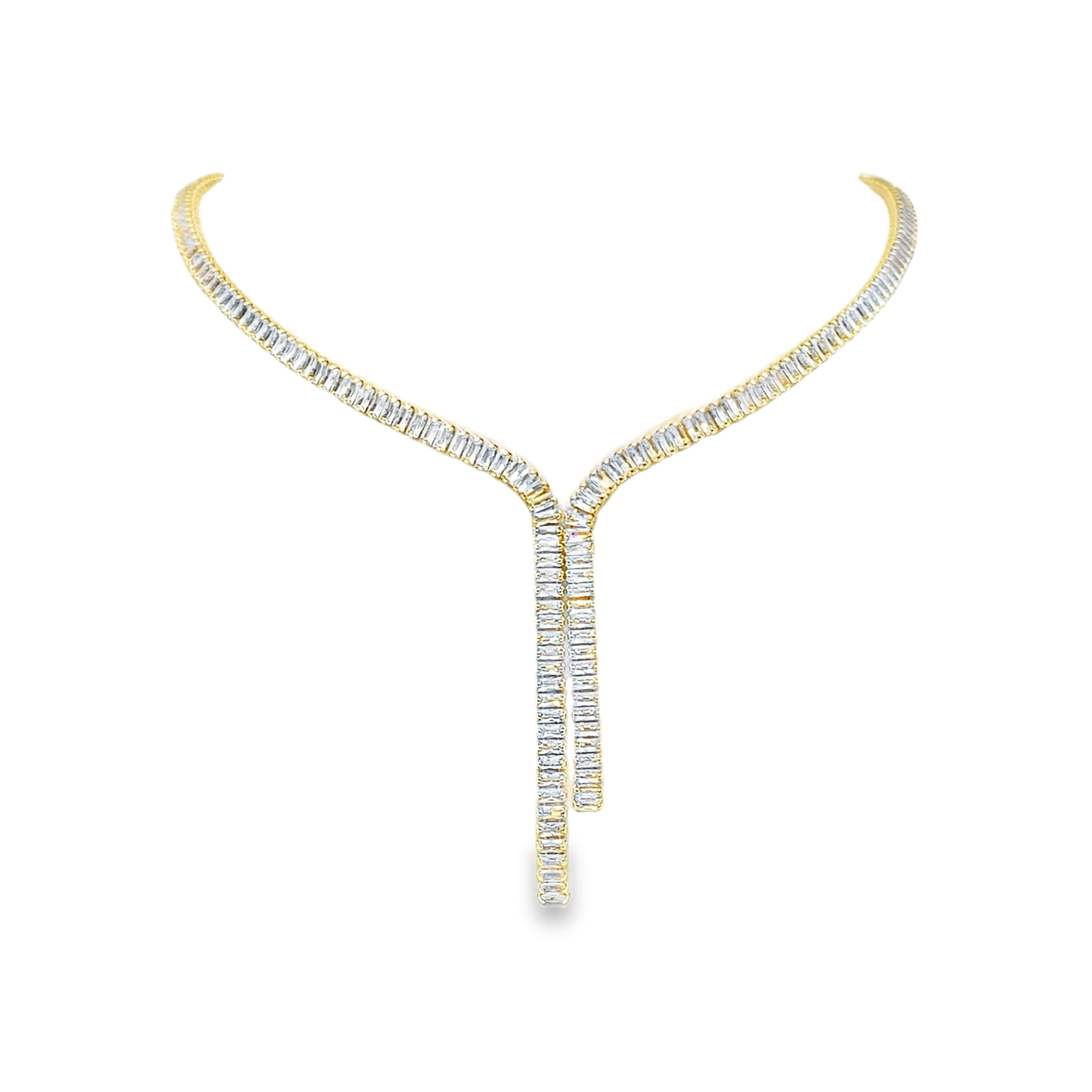 Naszyjnik z żółtego złota z diamentami i szlifem bagietkowym w kształcie litery Y