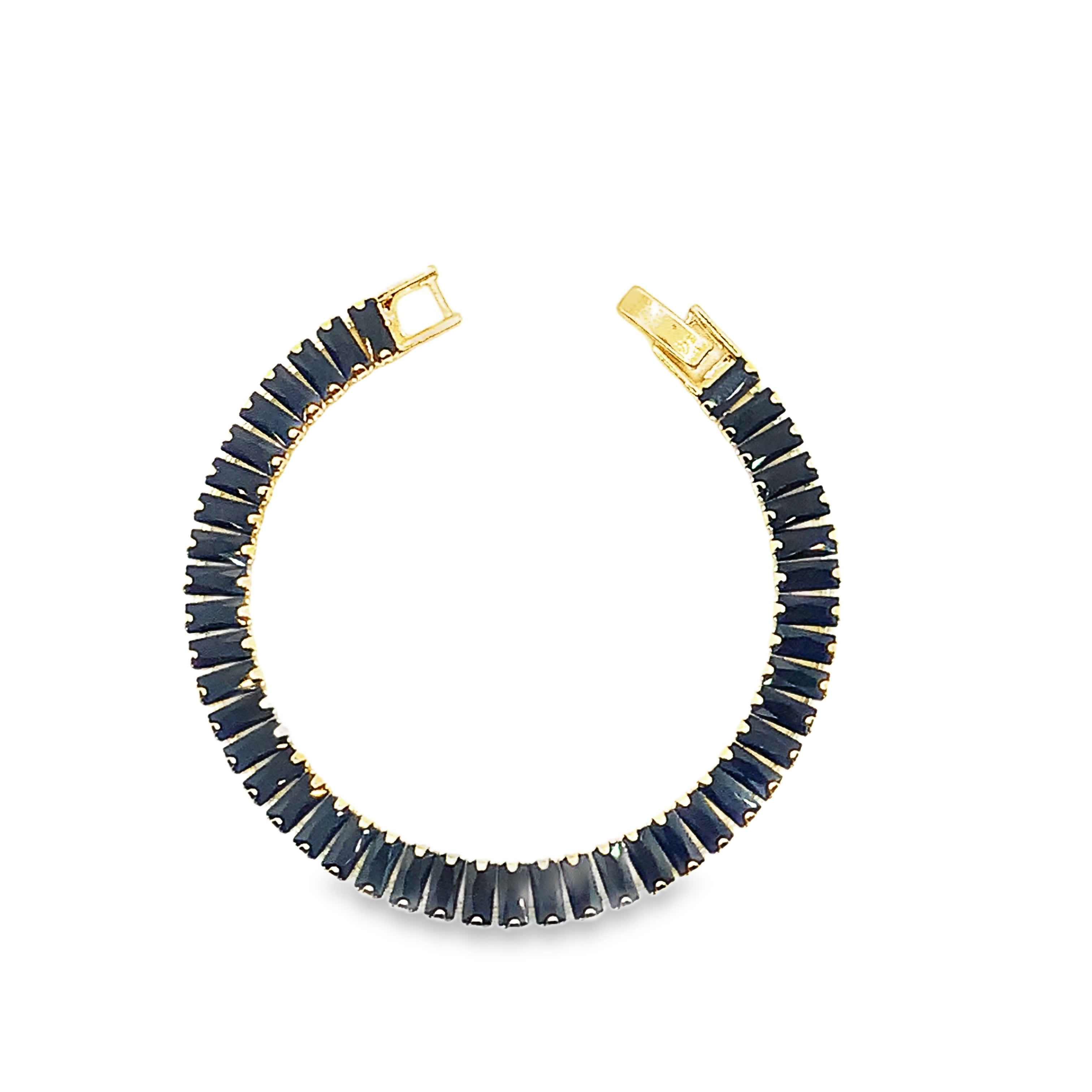Bransoletka tenisowa z żółtego złota z szafirami w szlifie bagietkowym o głębokim błękicie