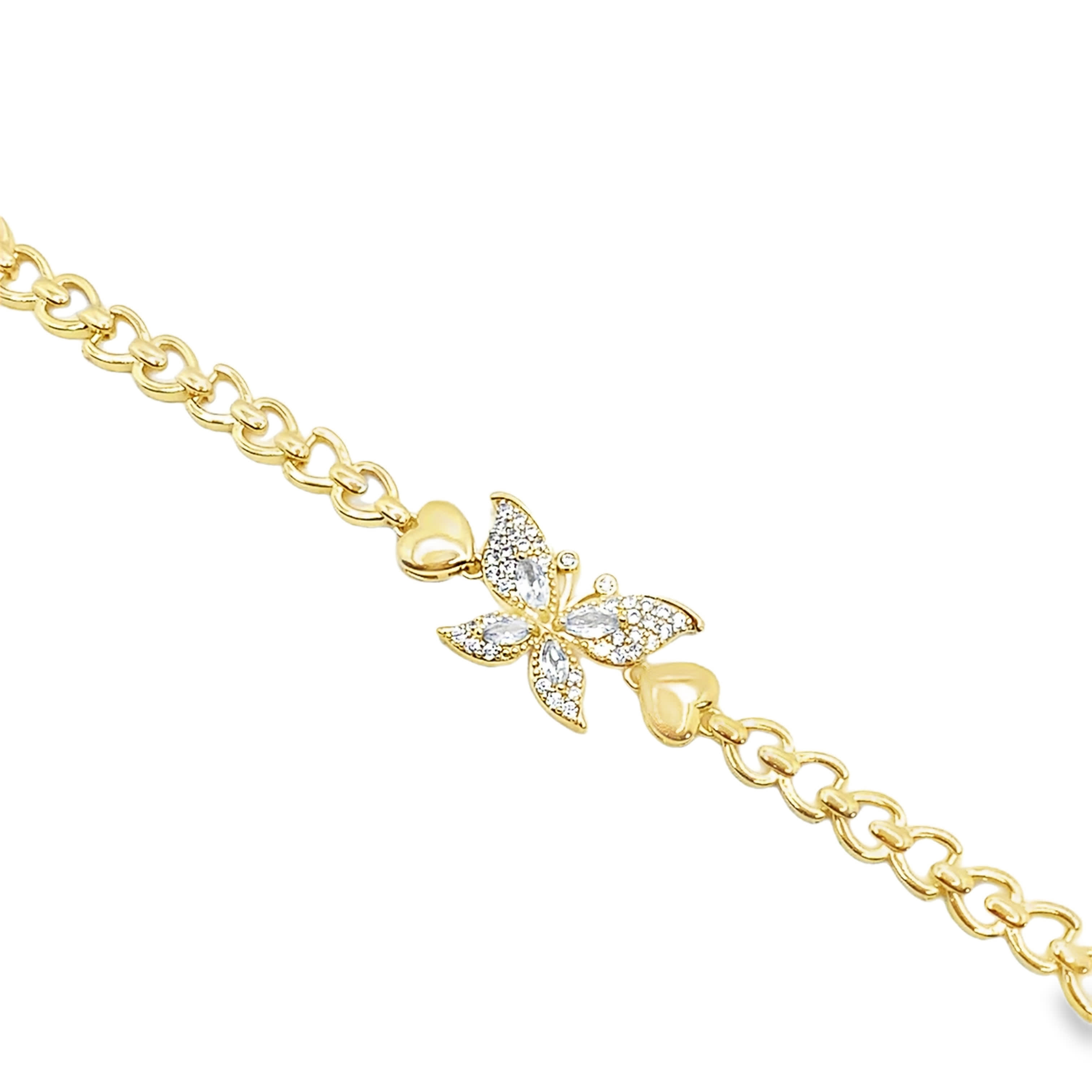 Bransoletka z żółtego złota z łańcuszkiem i fioletowym kryształowym motylem