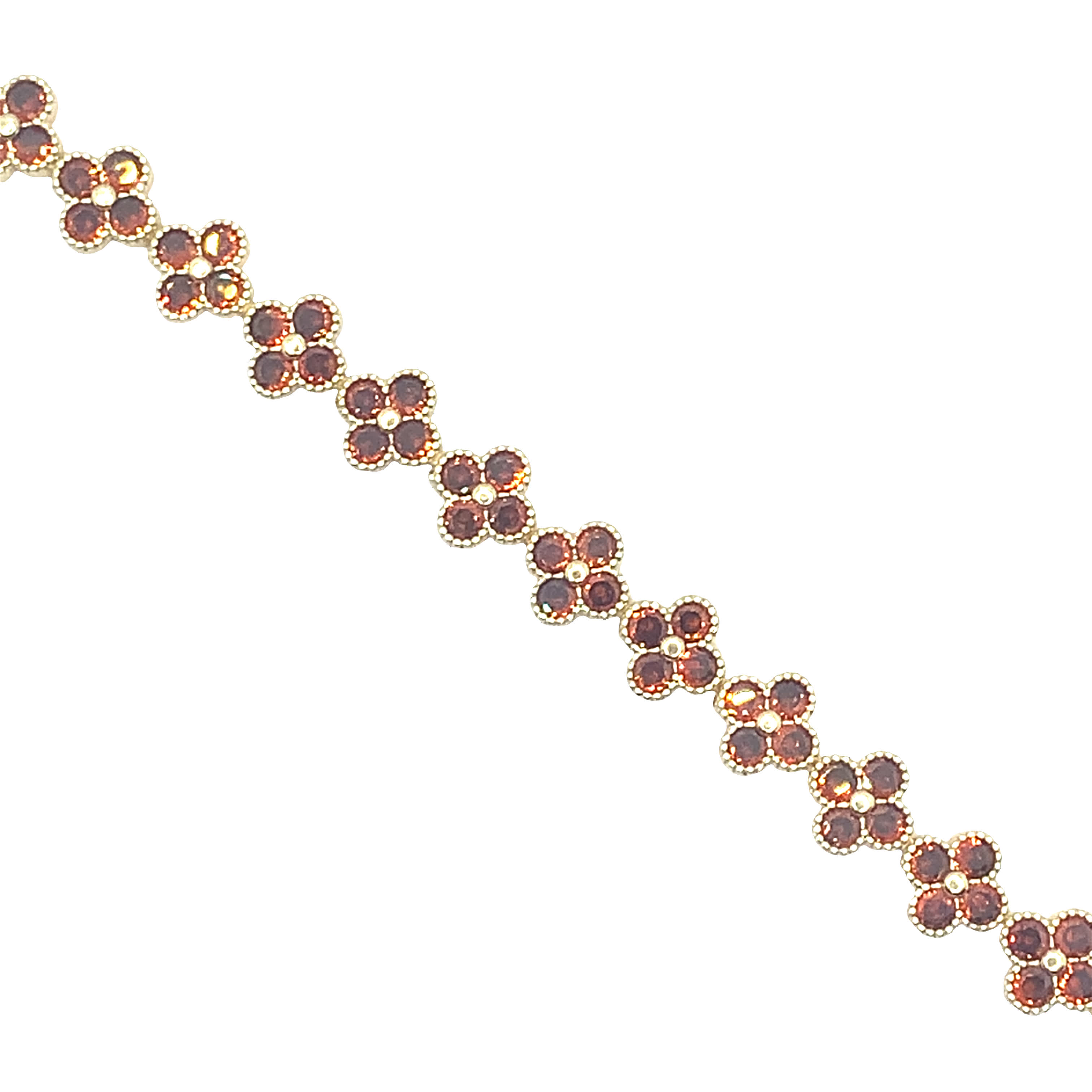 Bransoletka z żółtego złota z łańcuszkiem i motywami kwiatowymi z czerwonego granatu