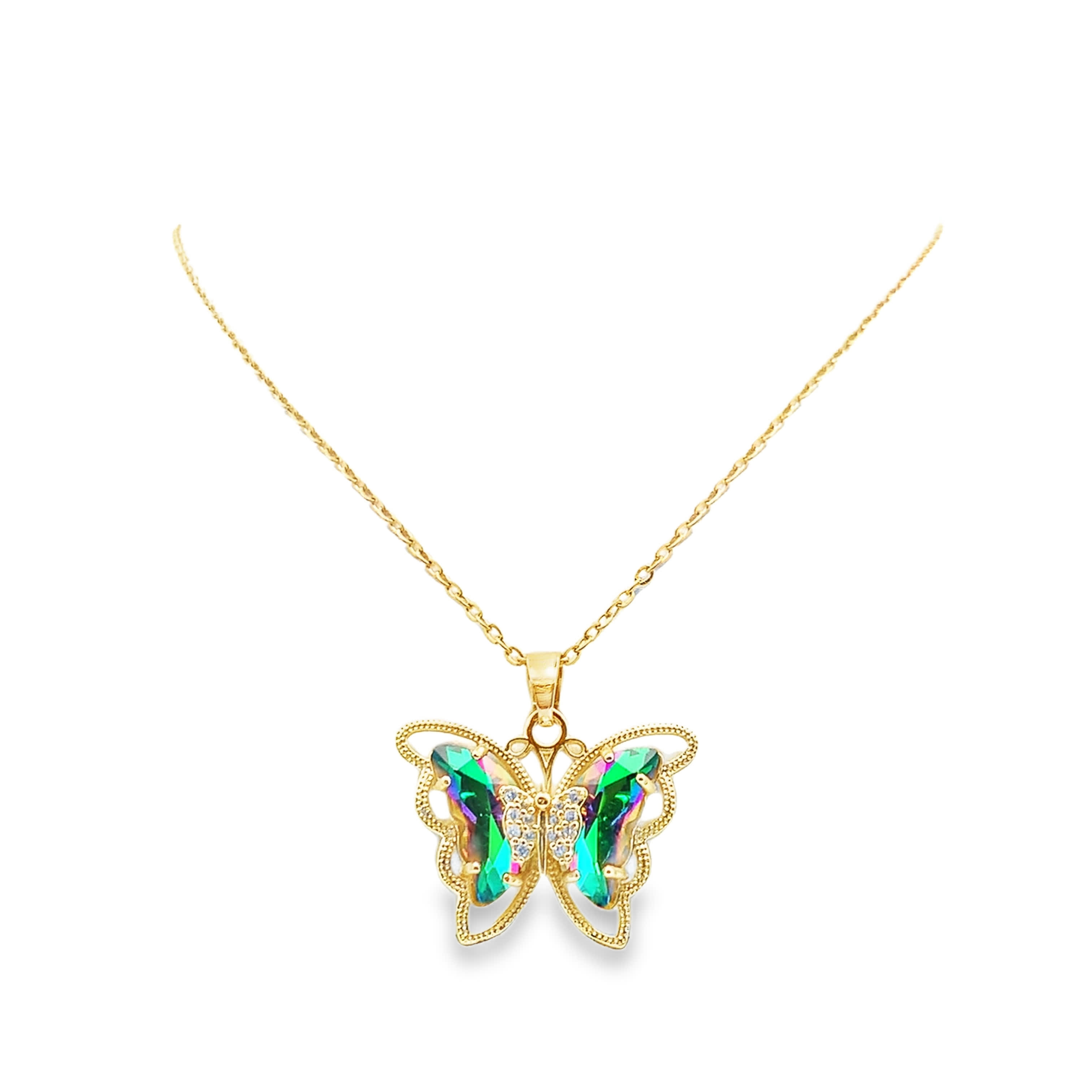Naszyjnik z zawieszką z żółtego złota z zielonym kryształowym motylem