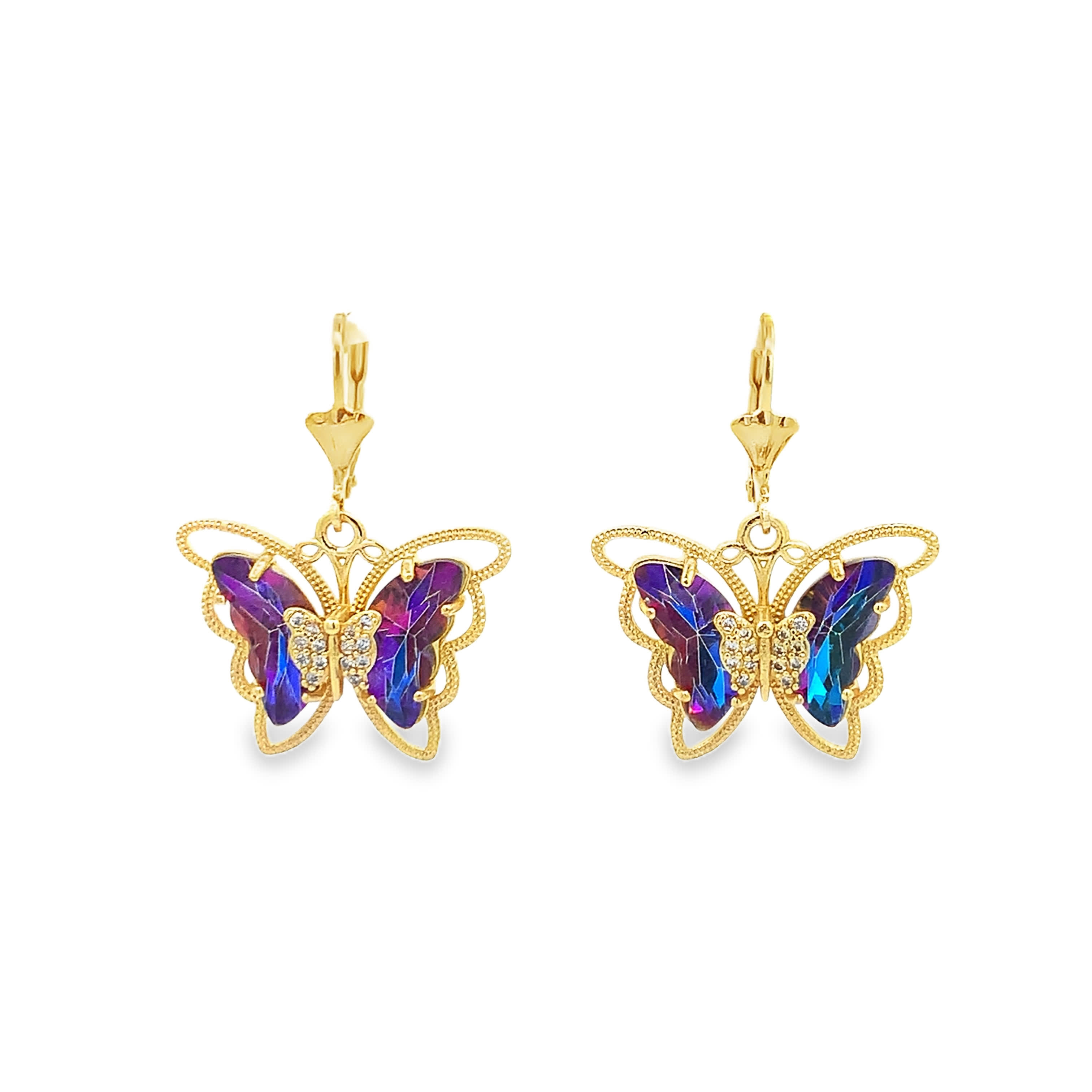 Kolczyki wiszące z żółtego złota z motylami z kryształków w szlifie poduszkowym w kolorze niebiesko-fioletowym