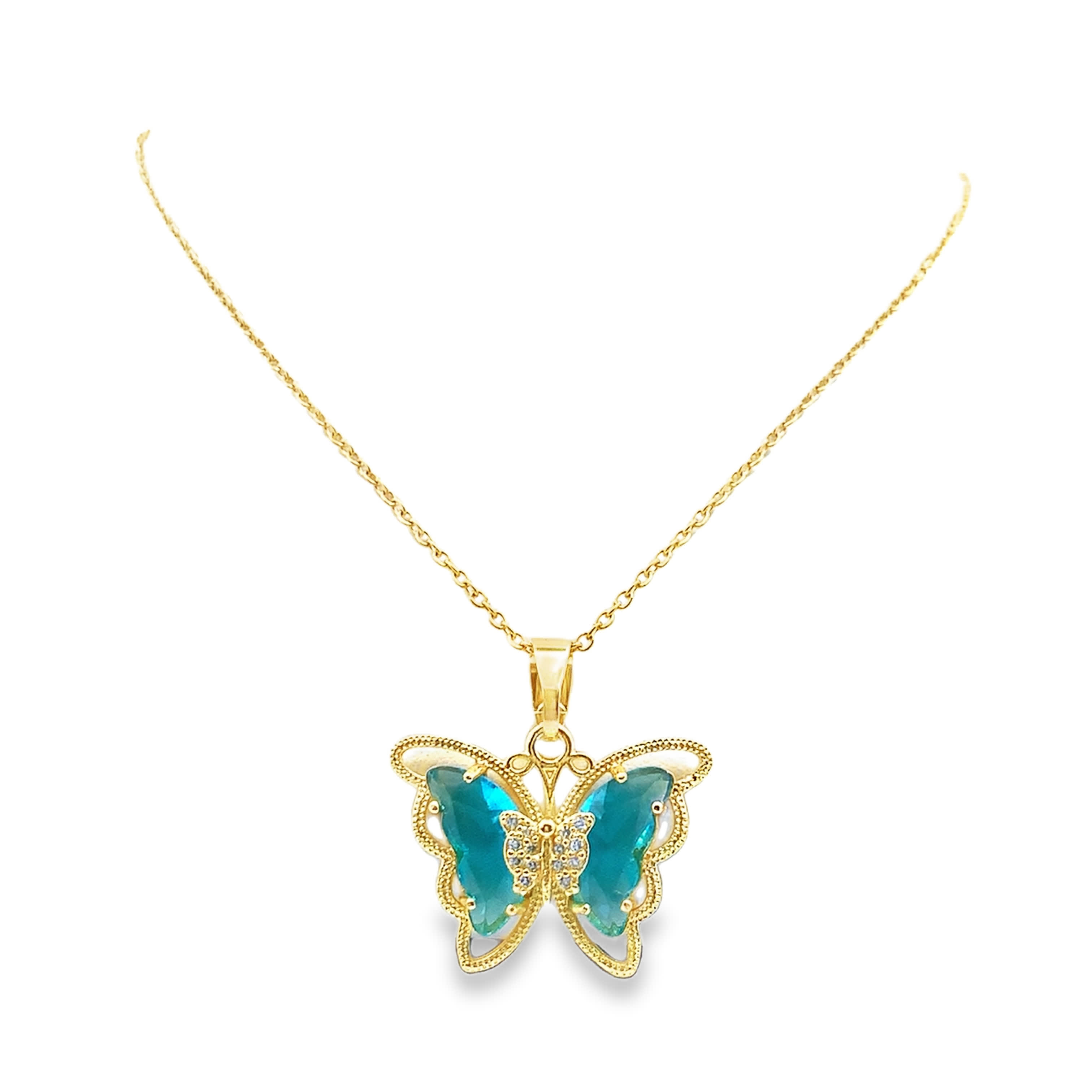Naszyjnik z zawieszką z żółtego złota z niebiesko-zielonym kryształem
